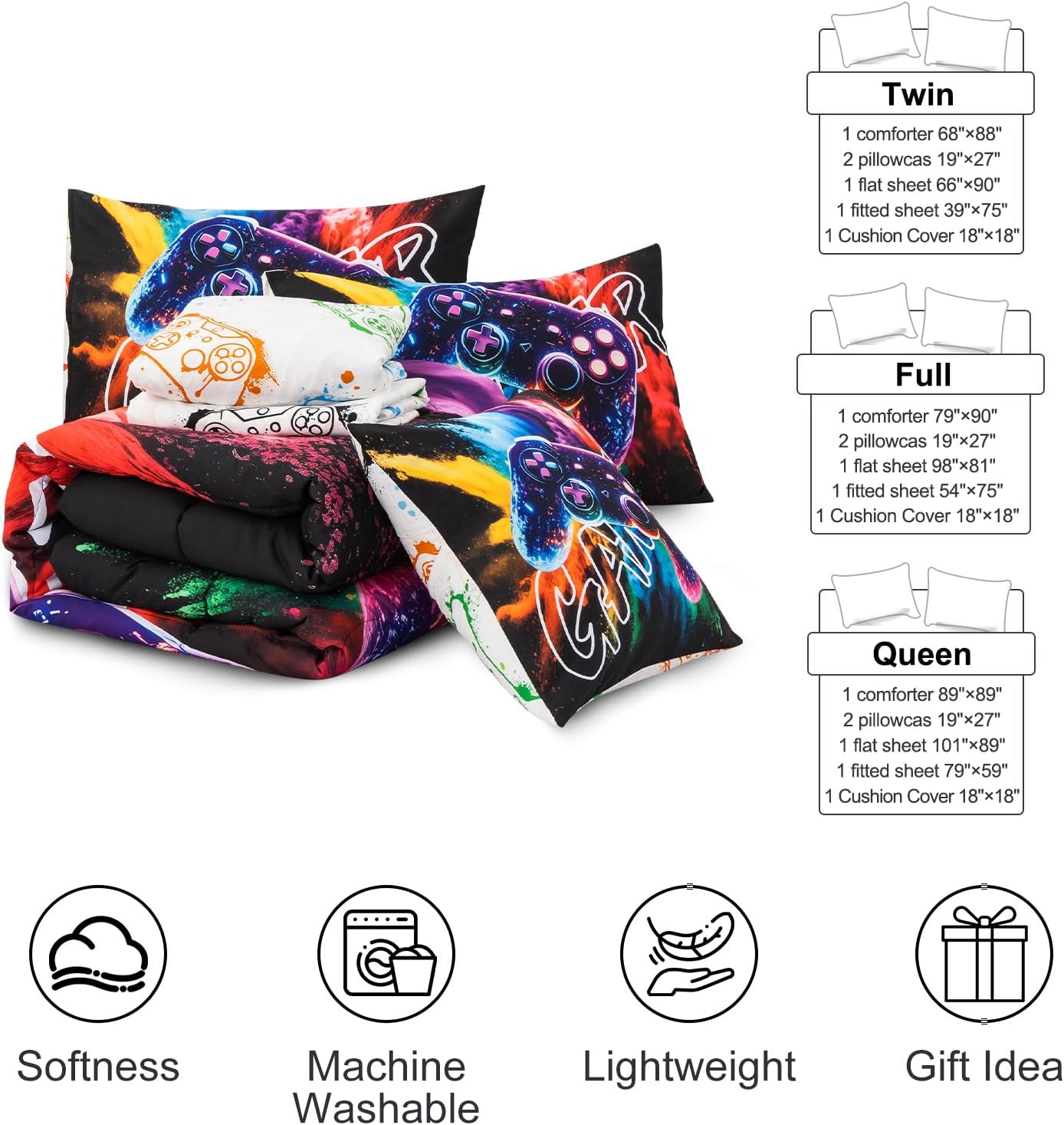 Aimuan Gamer Gaming Bedding Sets 3D Gamepad Comforter Sets for Boys Games Console Action Buttons Novelty Colorful Game Controller Modern Room Decor Home Quilt Set (Black-Purple, Twin 6PCS) - Image 4