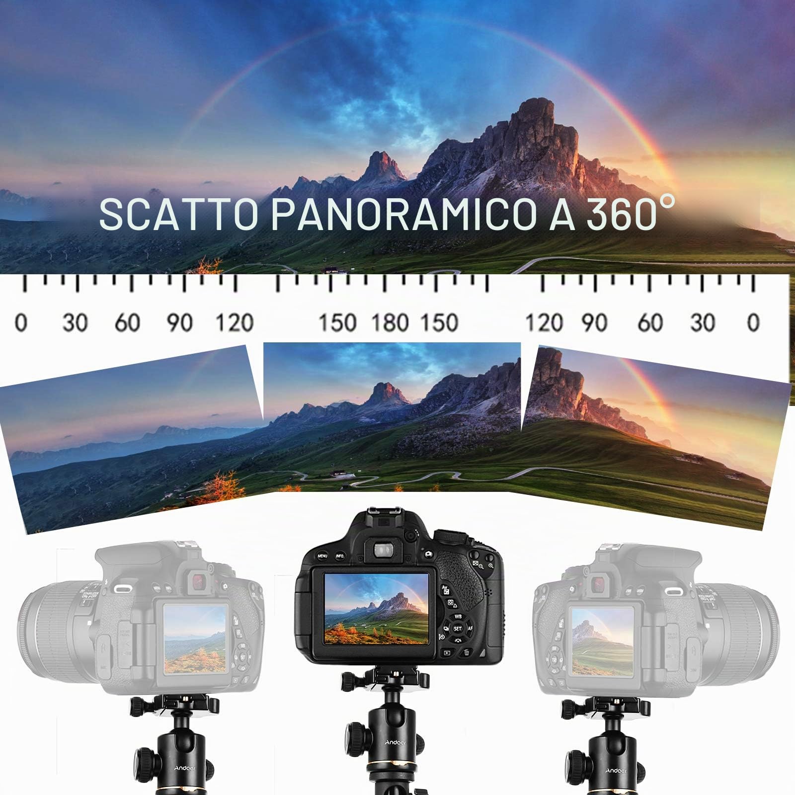 Treppiedi Fotocamera 200cm, Andoer Treppiede Fotocamera Monopiede Fotografico Leggero da Viaggio Colonna Girevole 360° e Testa a Sfera per Riprese Macro e Panoramiche Compatibile Camera