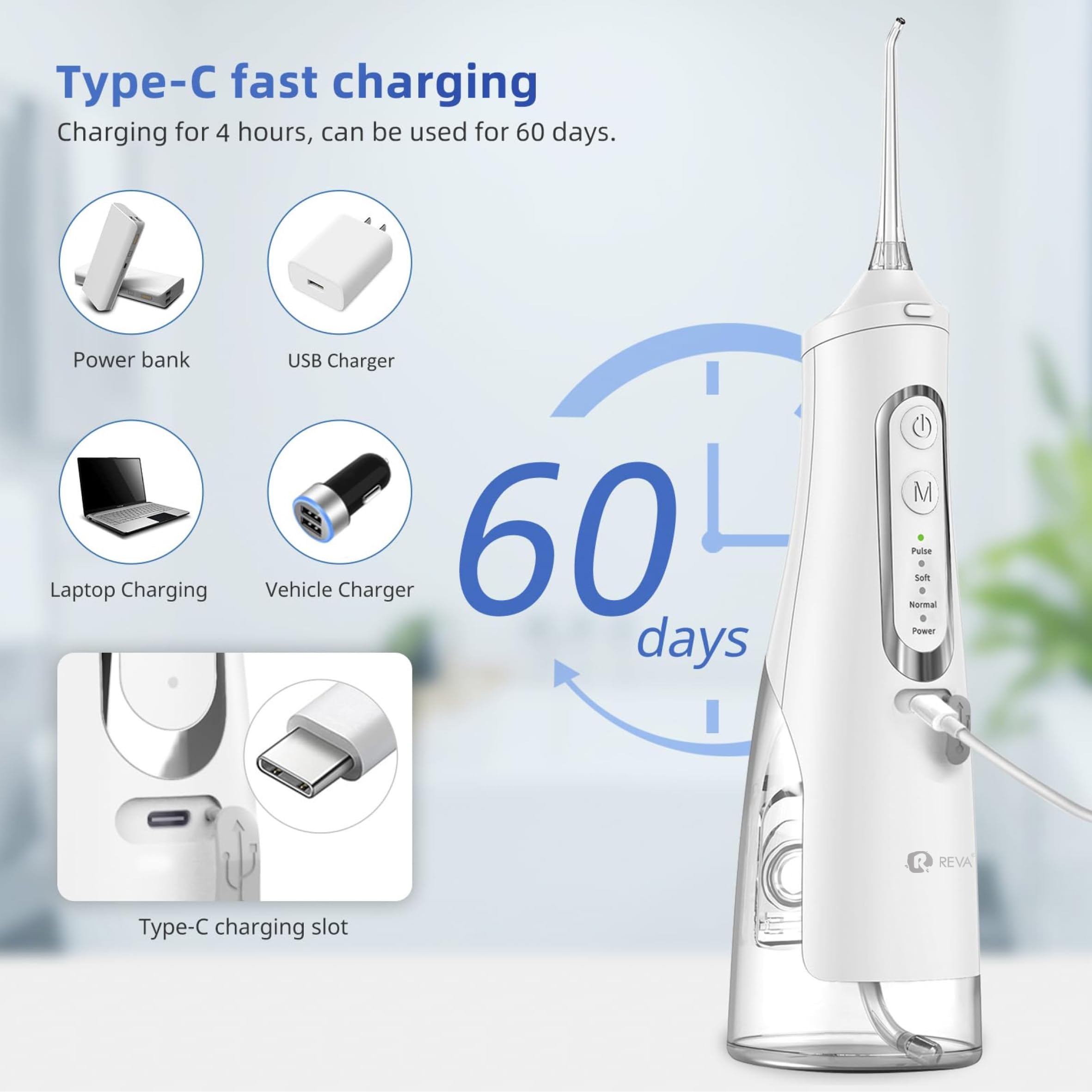 Reva - Irrigador bucal eléctrico para limpieza de dientes, tanque grande de 310 ml, impermeable IPX7, irrigador oral inalámbrico recargable con 4 puntas de chorro, memoria inteligente, bajo ruido