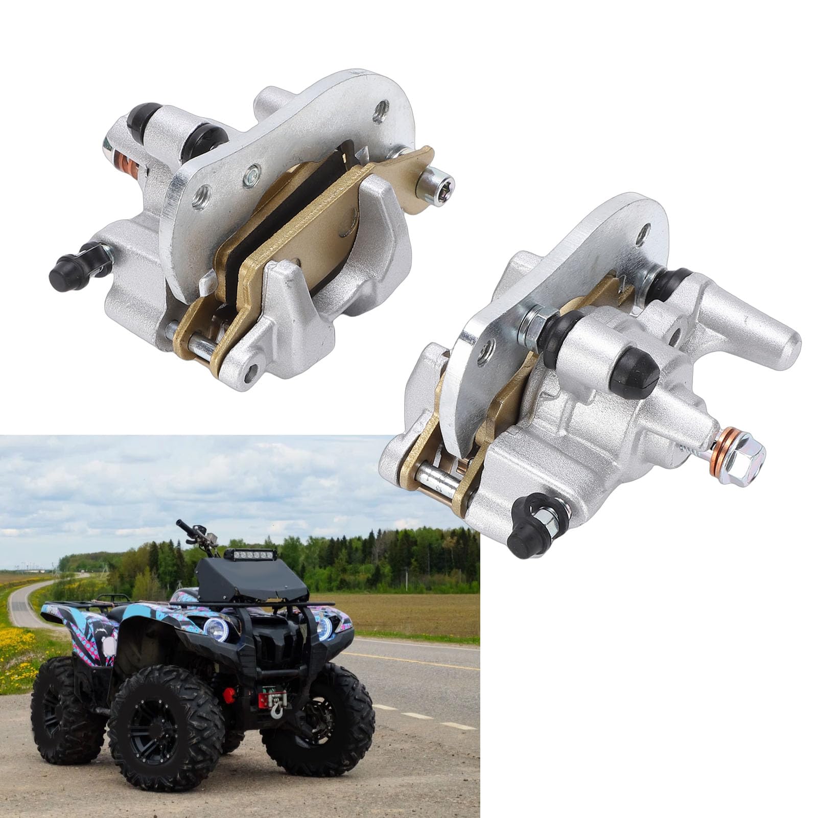 SIXRUN Zacisk Hamulca Przedniego Lewego Prawego z Klockami Hamulcowymi, Zamiennik dla Grizzly 550 YFM550 700 YFM700 Kodiak 700 YFM700 250 YFM250 Tłoki Aluminiowe Uchwyty Montażowe z