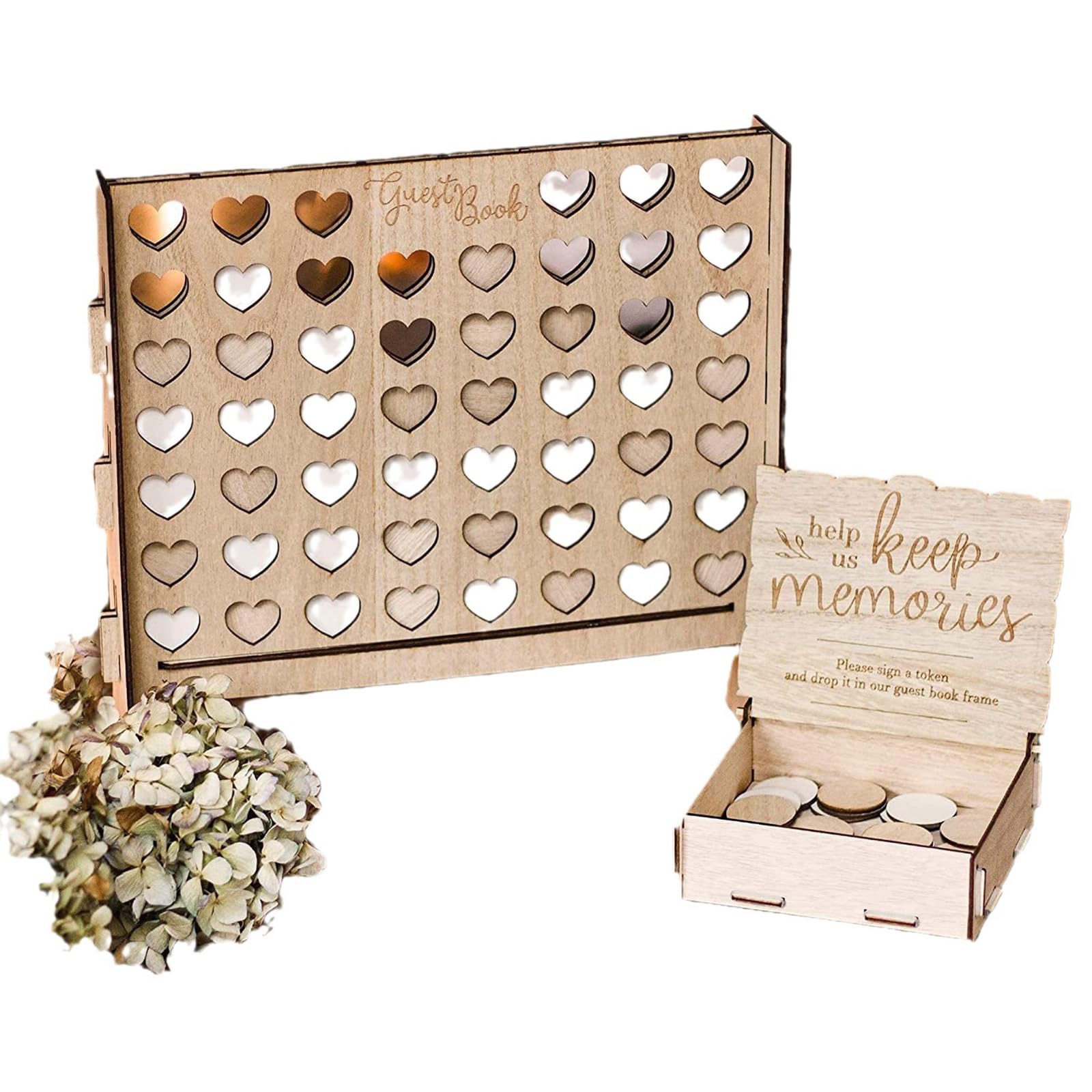 Hochzeits Gästebuch, Personalisiertes Holz Vintage Bilderrahmen Doppelherz 60 Holzherzen zum Beschriften Name Datum, Für Geburtstage Babyshower Taufe Hochzeitsdekoration (Wooden Heart)