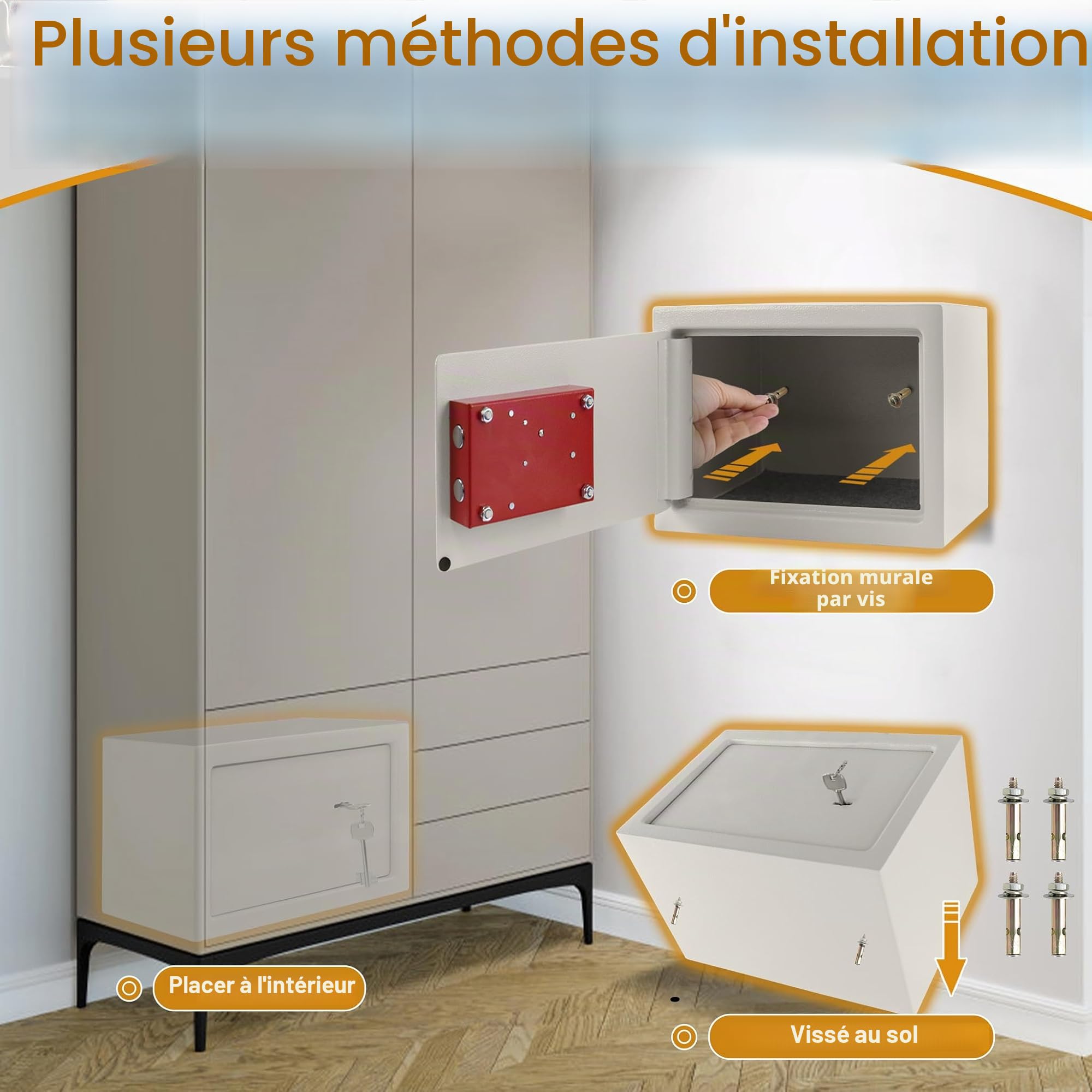 Coffre-fort pour la maison Petit coffre-fort de meubles avec clé en acier au carbone Coffre-fort mural résistant au feu et à l'eau, 31x20x20cm