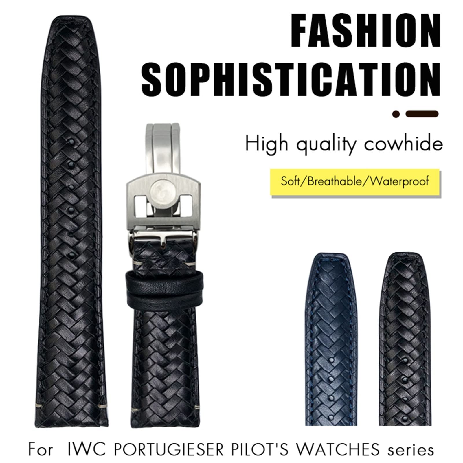 BIK Correa de reloj tejida de cuero vacuno con extremo curvado de 20 mm, 21 mm, 22 mm, apta para IWC Portugieser Pilots, correa de reloj de piel auténtica