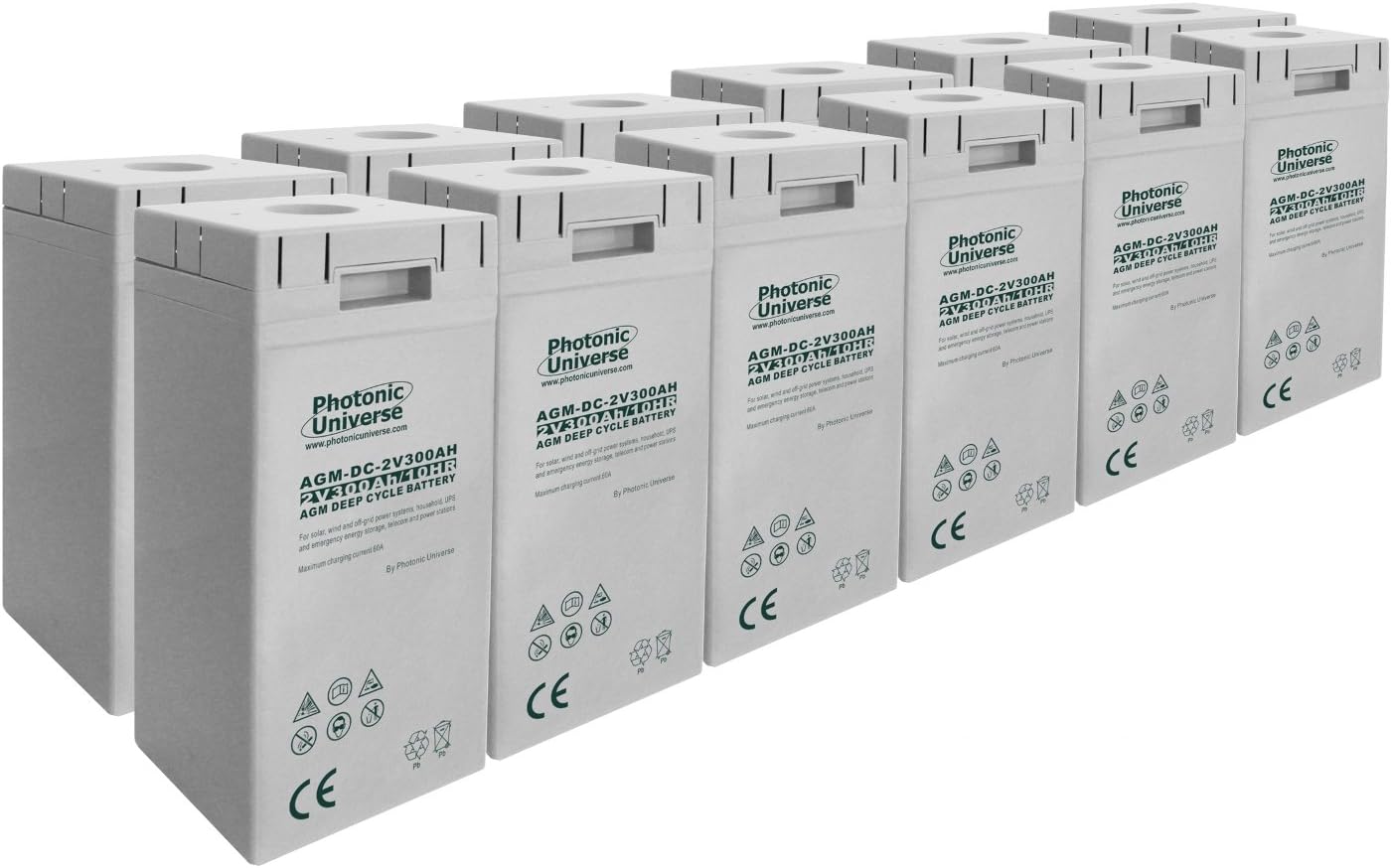 24V 7.2kWh 300Ah AGM deep cycle battery bank (12 x 2V batteries) for large solar, wind, off-grid power systems or household/emergency energy storage