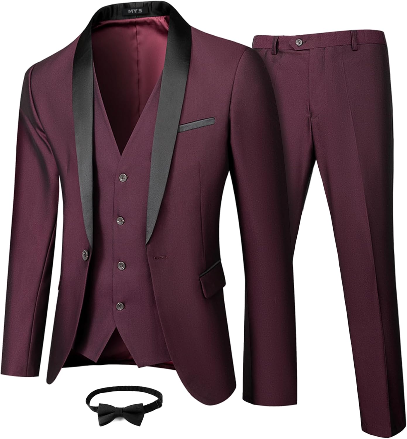 MY'S Mens 3 Piece Tuxedo Set with Bow Tie, Shawl Lapel One Button Jacket Vest & Pants, Slim Fit Suit Prom Party Wedding Tux
