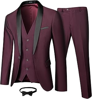 Mens 3 Piece Tuxedo Set with Bow Tie, Shawl Lapel One Button Jacket Vest & Pants, Slim Fit Suit Prom Party Wedding Tux