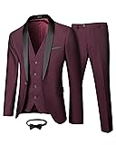 MY'S Mens 3 Piece Tuxedo Set with Bow Tie, Shawl Lapel One Button Jacket Vest & Pants, Slim Fit Suit Prom Party Wedding Tux Burgundy Large