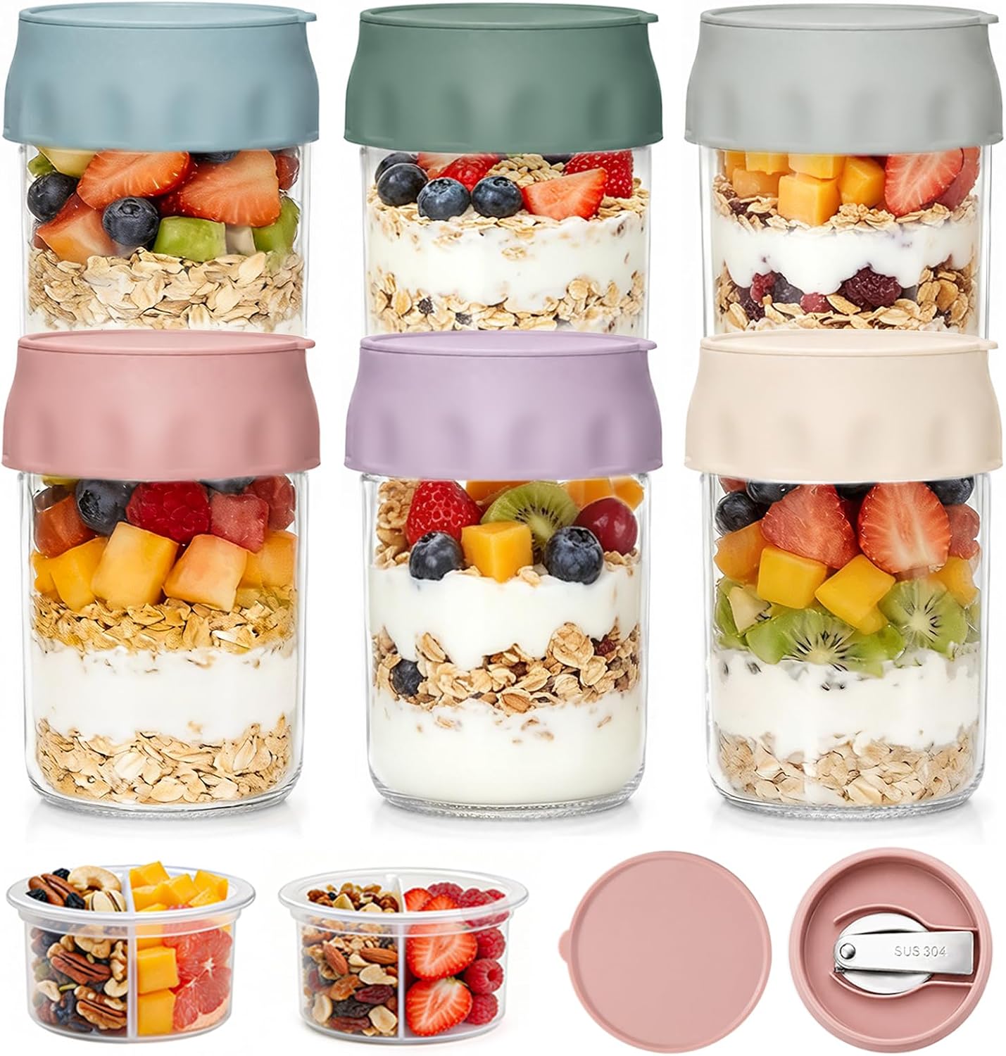 6 Pack 16oz Overnight Oats Containers with Lids, Airtight Glass Jars