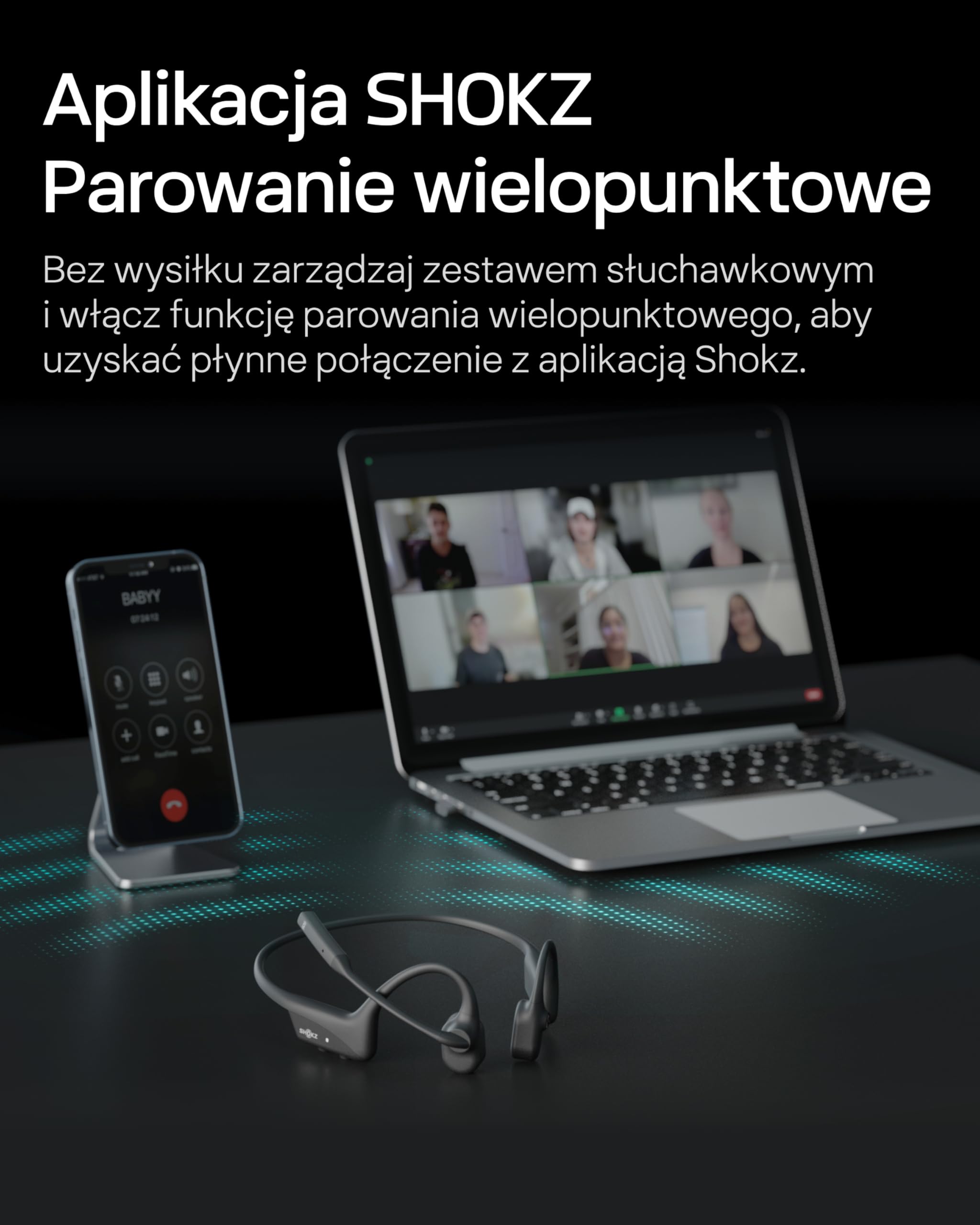 Shokz OpenComm2 UC headset Open-Ear na PC z USB-A | 16h rozmów, mikrofon z redukcją szumów, Bluetooth, technologia kostna, do biura, połączeń i spotkań