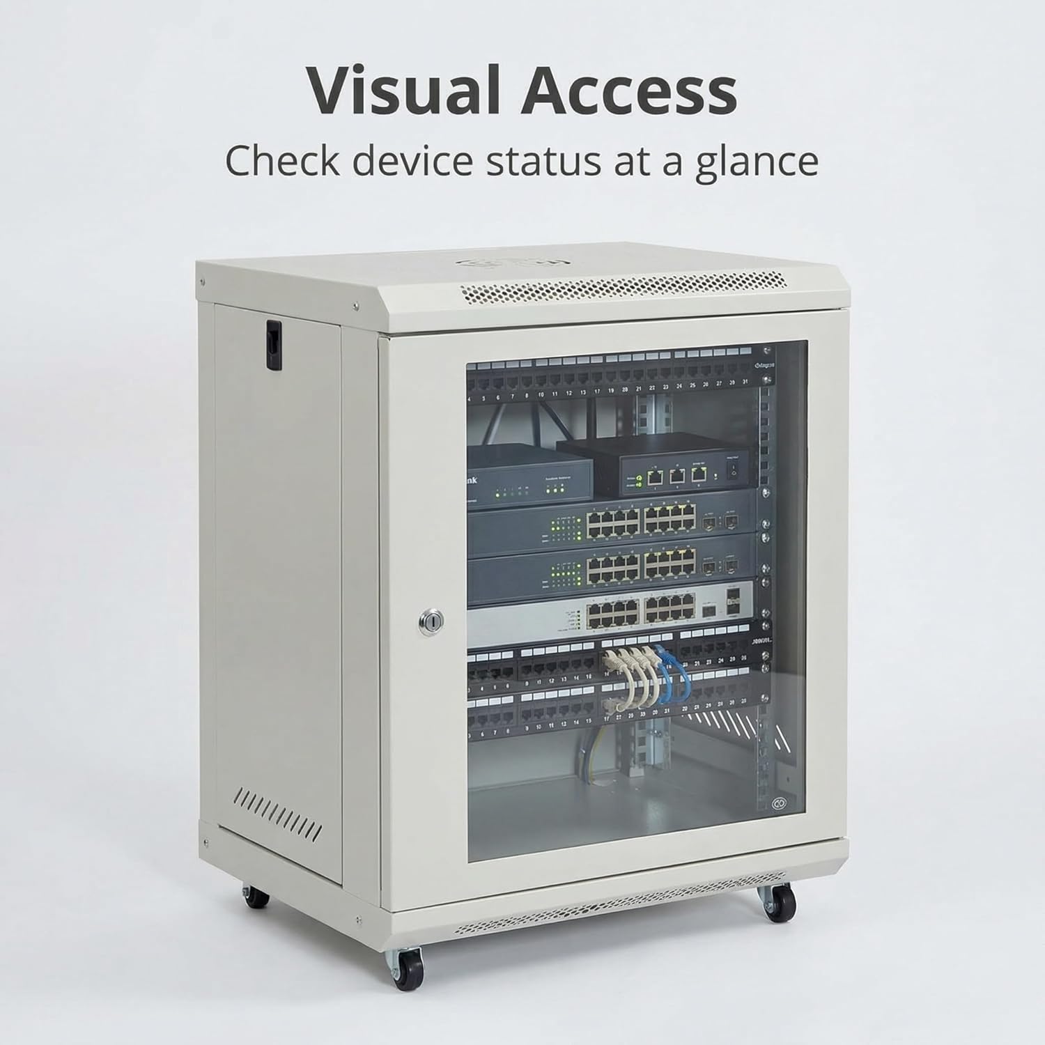 12U Wall-Mount & Rolling Network Cabinet for 19" Rack Equipment – Locking Tempered Glass Door, Ventilated Side Panels, Adjustable Rails, Fan Ready, Cable Management, Heavy-Duty Steel