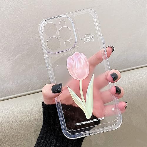 Miniatura 2 de Funda para iPhone 14 Pro Max, bonita funda estética de tulipanes rosas transparentes para mujeres y niñas