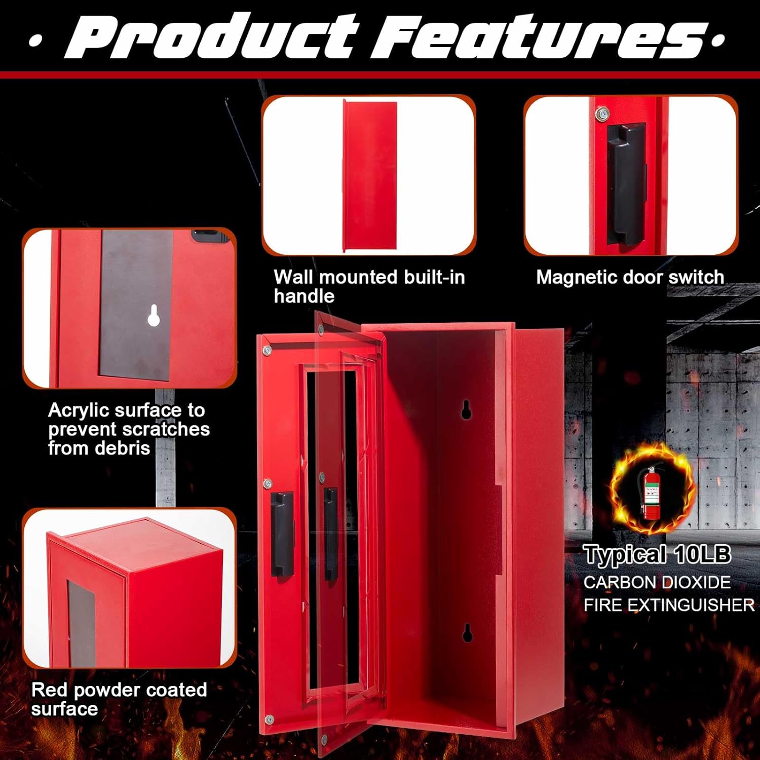 Zonon 1 Pcs 10lb Fire Extinguisher Cabinet Wall & Surface Mount 22.84" H x 9" W x 7" D Red Steel Fire Extinguisher Box Case Holder with Handle for Indoor Outdoor