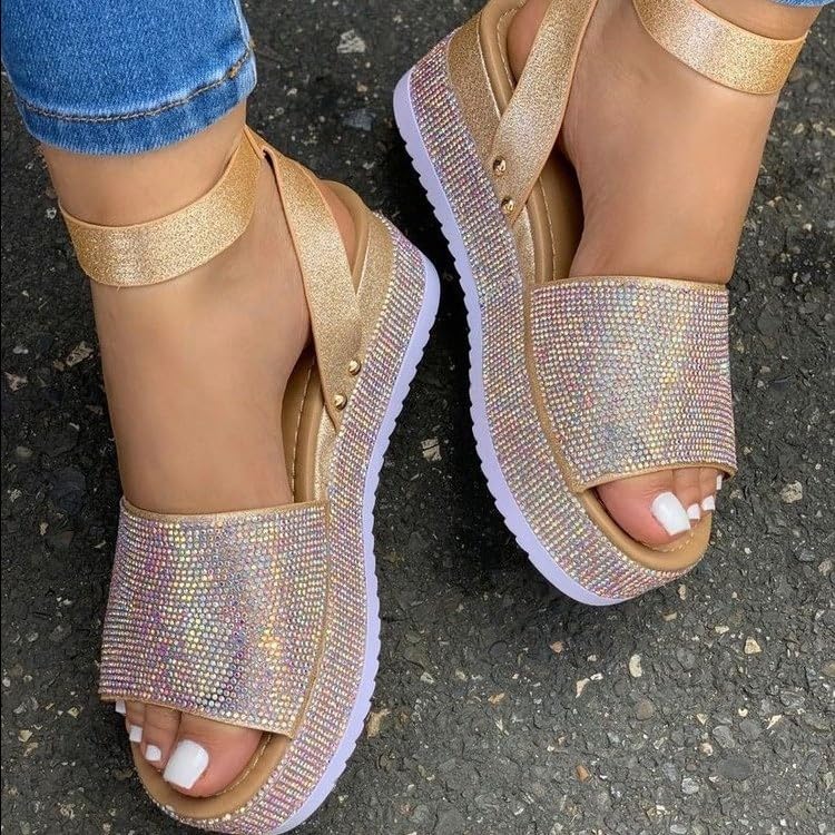 Eynuo Espadrille Sandals Women Bling Rhinestone Crystals Dressy Platform Ankle Buckle Sandals Summer Beach Shoes Open Toe Glitter Wide Width Wedge