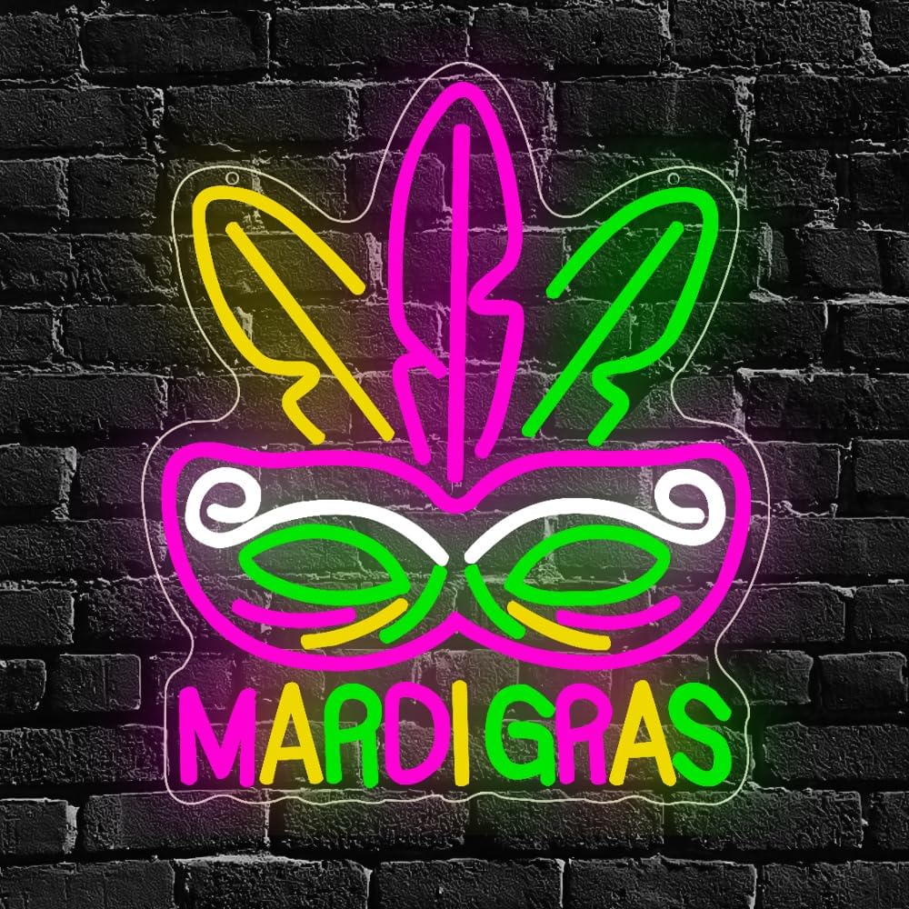Mardi Gras Neon Sign, Wall Decor Unique Carnival Mask and Feather Design LED Neon Light Bright Colorful Lighting Perfect for Party Home Decoration Neon Signs Customized Wall Art USB Powered(15"*12.6")