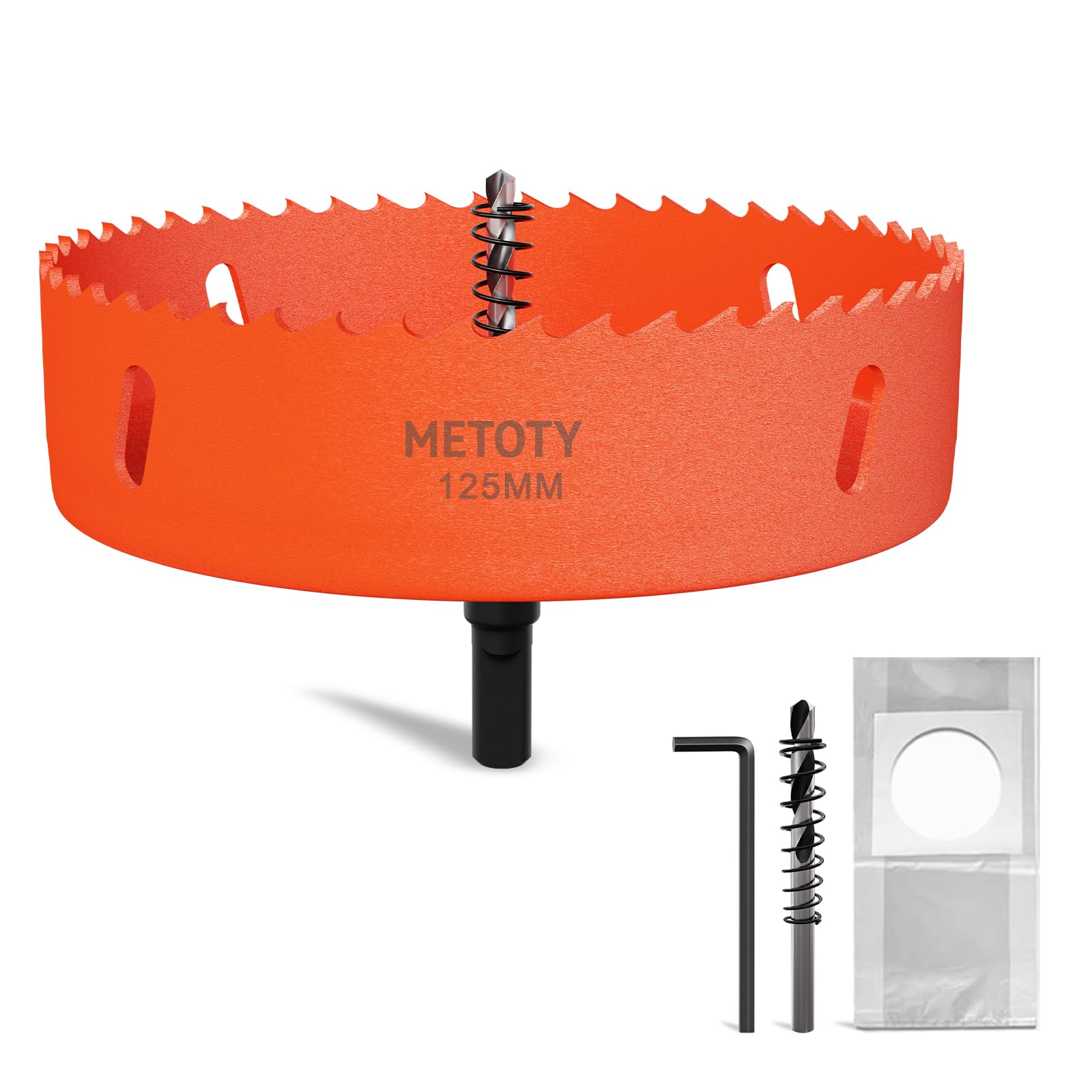 METOTY 125mm Bi-Metal Hole Saw,Universal HSS M42 Hole Saws,with Triangular Shaft Adapter and Centring Drill, One Free Dust Bag for Aluminum, Metals, Plastics, Acrylic Glass, Wood, Gypsum board