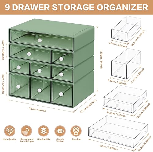 Miniatura 3 de Organizador de almacenamiento de escritorio con 9 cajones, 4 niveles, apilable, cajones de almacenamiento de manualidades, caja de almacenamiento