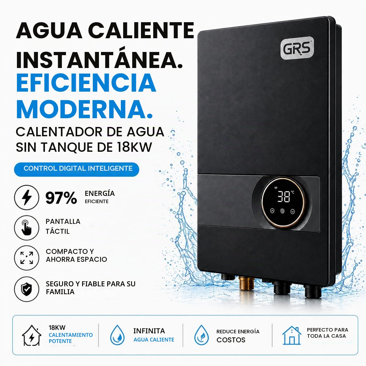 GRS Calentador de agua eléctrico sin tanque 13 KW 240 V, calentador de agua caliente instantáneo para toda la casa con pantalla digital, ducha y cocina