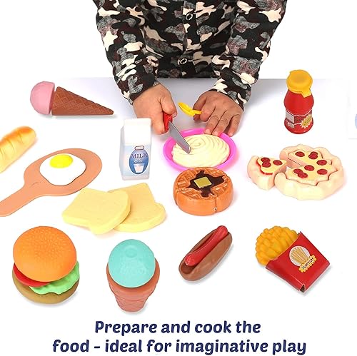 Miniatura 5 de Liberty Imports Gourmet - Juego de 50 piezas surtido de alimentos para niños con sartén herramientas de cocina desayuno comida rápida helados postres