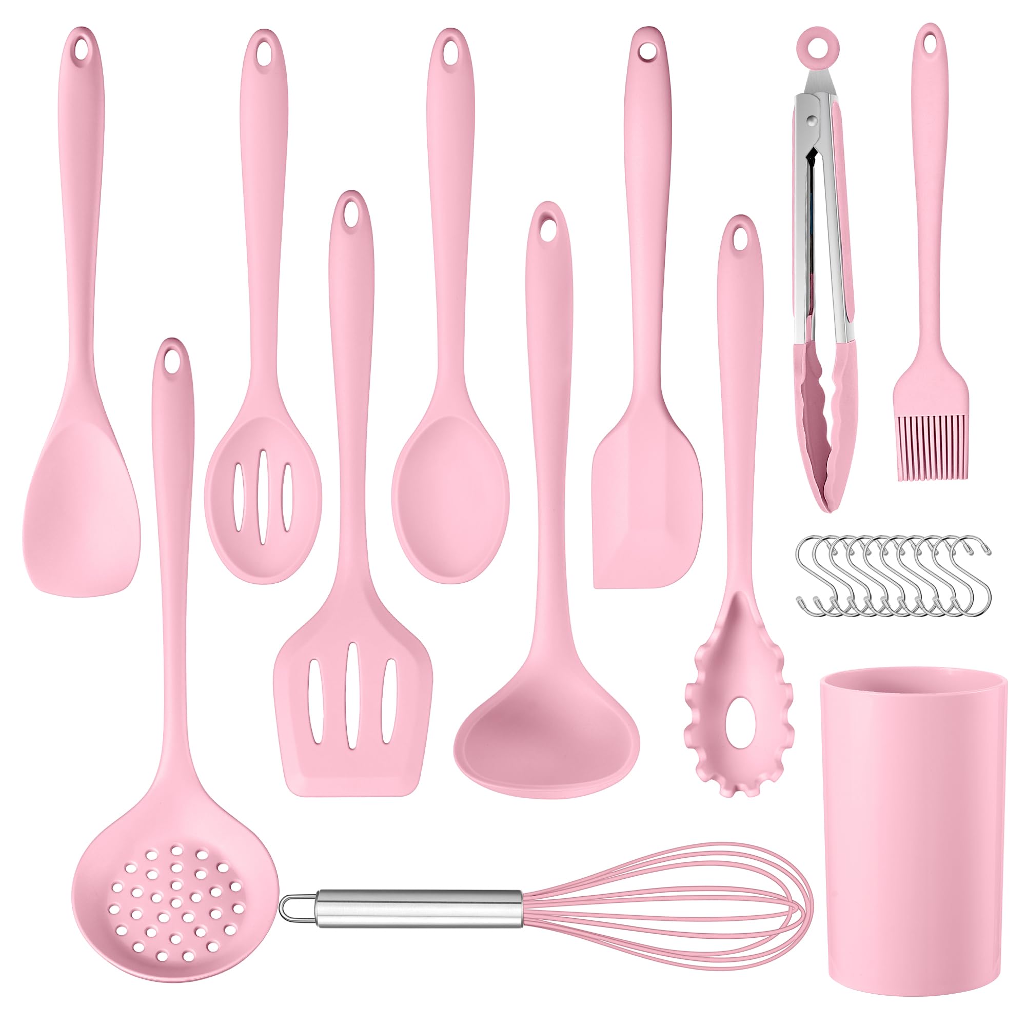 Herogo Juego de utensilios de cocina, 22 piezas de silicona con soporte para utensilios, utensilios de cocina resistentes al calor, saludables y antiadherentes, aptos para lavavajillas, color rosa