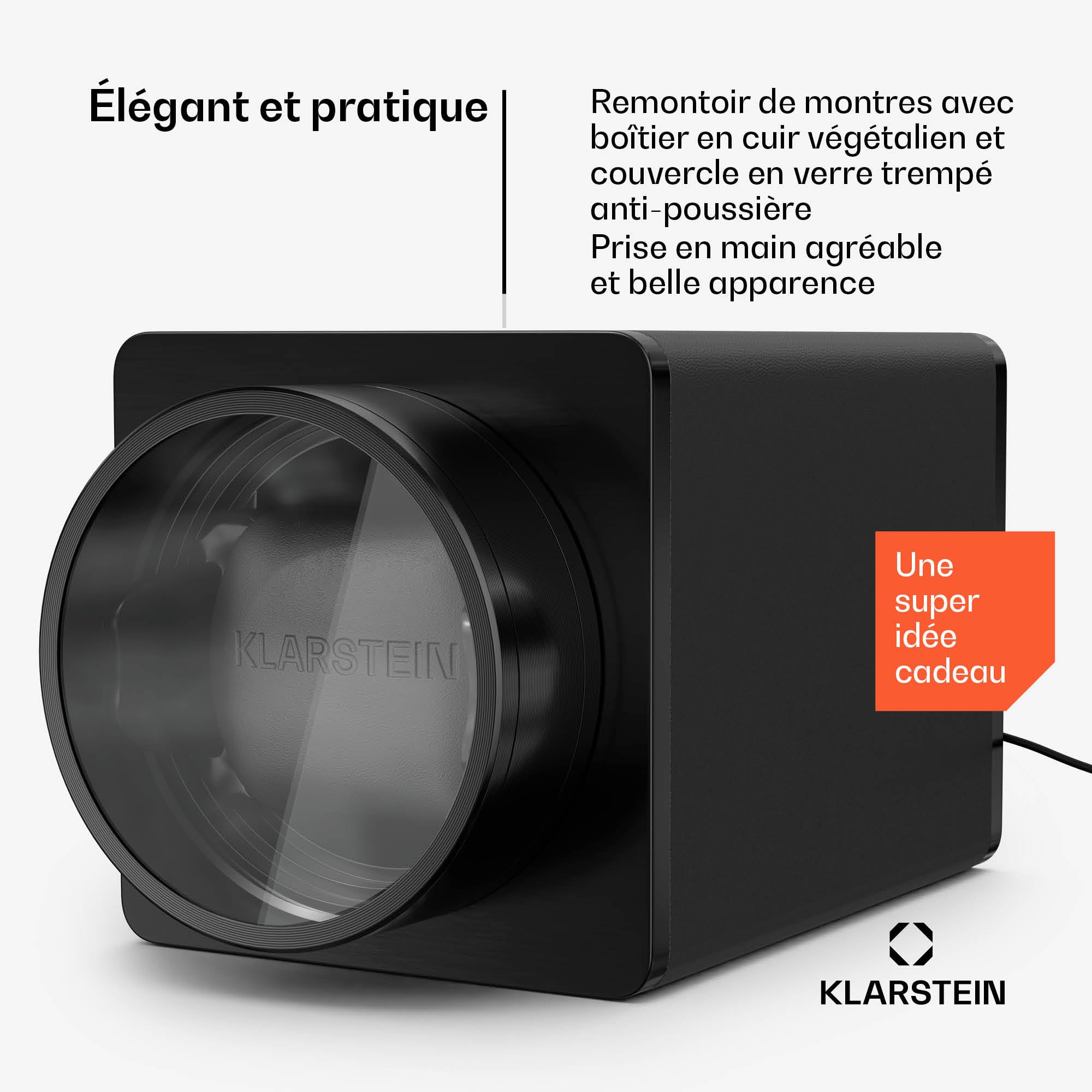 KLARSTEIN TimeSync Remontoir de Montre Automatique - Cuir végétalien & Verre trempé, Moteur Silencieux Mabuchi, 5 TPD, Alimentation Secteur/Piles, Noir - boîte Remontoir pour Montre