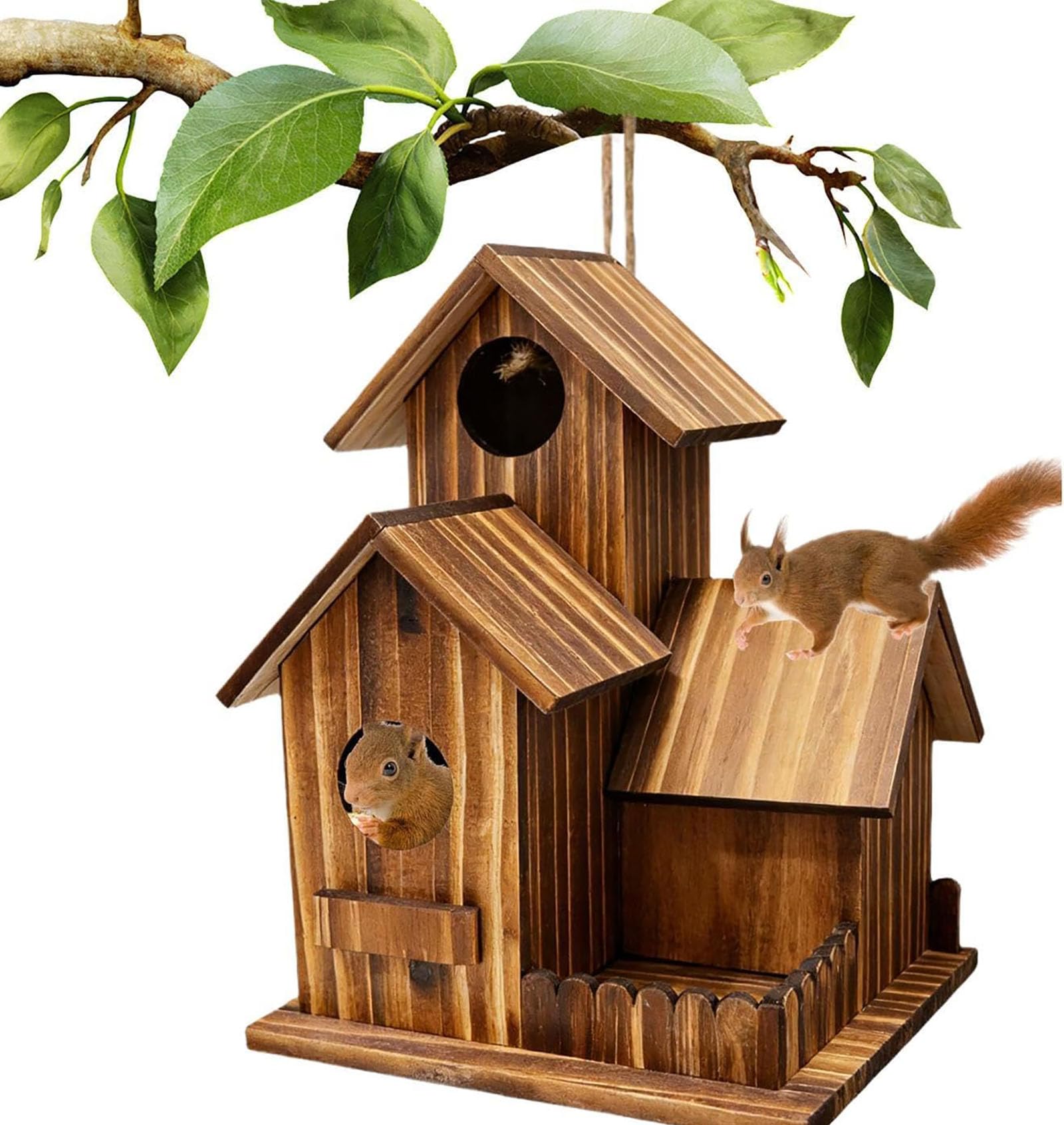 Mangiatoia per scoiattoli in legno per esterni, design a tre stanze con tetto flessibile, ideale per giardino, terrazza, patio, balcone, cortile