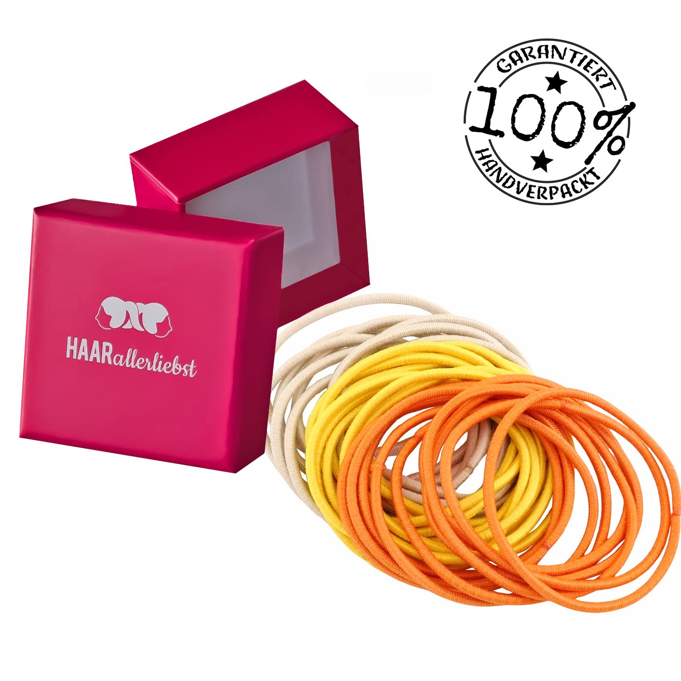 HAARallerliebst Extra Thin Hair Scrunchies (Pack of 30) Beige, Yellow, Orange 4.5 cm with Box for Storage (Box Colour: Pink) - Image 3
