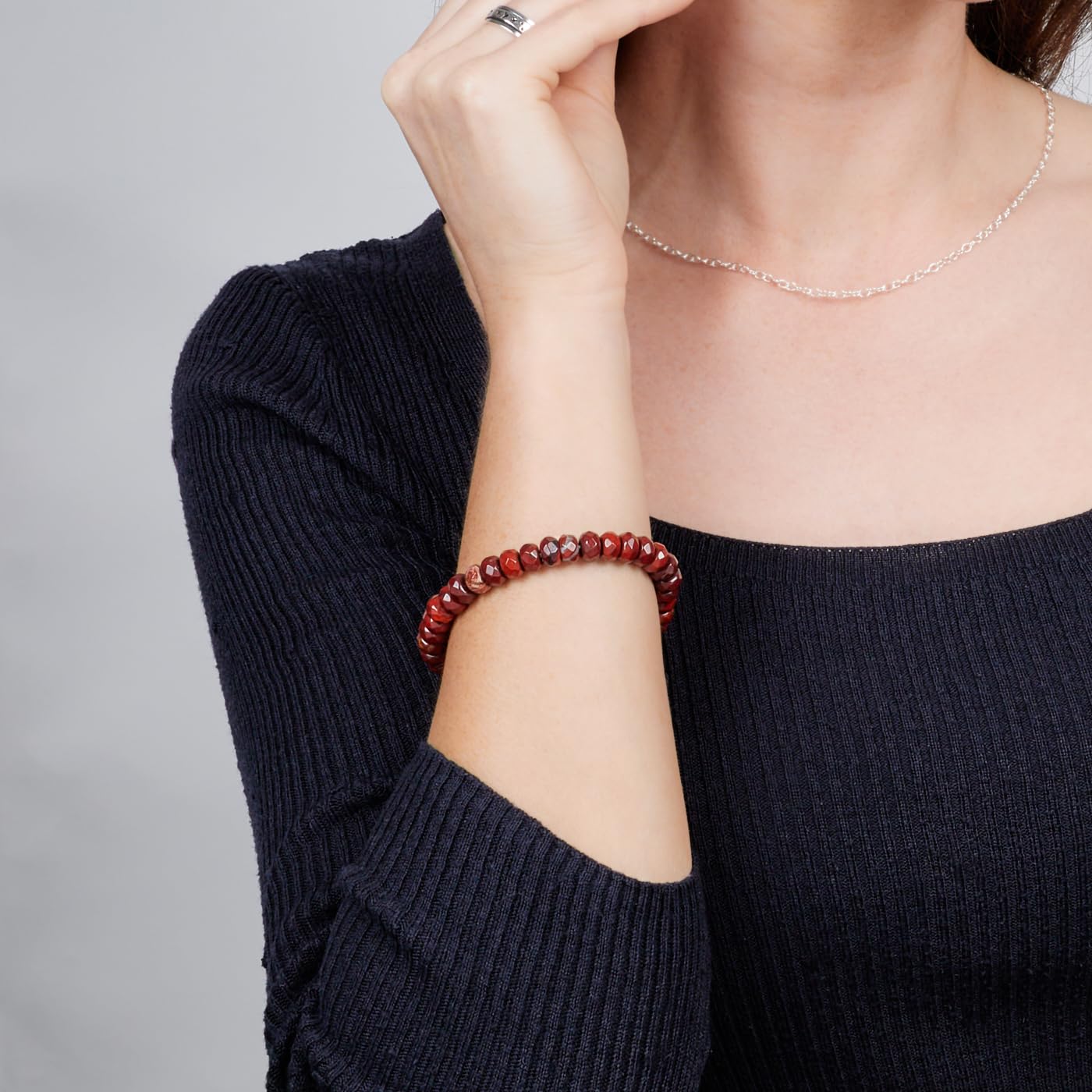 Bracciale elastico da uomo fatto a mano con perline | Braccialetto di perline con pietre preziose di cristallo curativo Chakra da 8 mm per Uomo Donna (Diaspro Rosso)