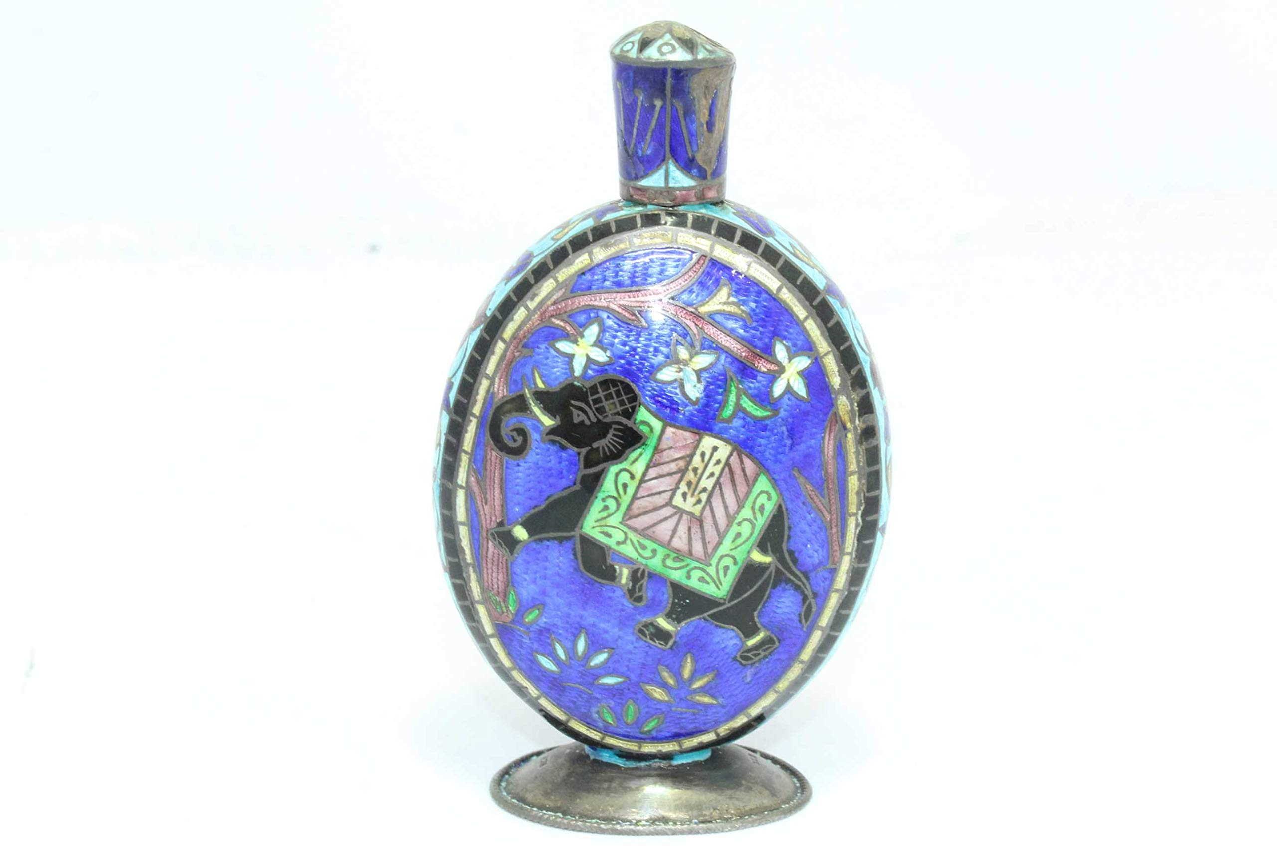 Rajasthan Gems Antique Old Perfume Bottle Handmade Indian Enamel Work Sterling Silver Elephant