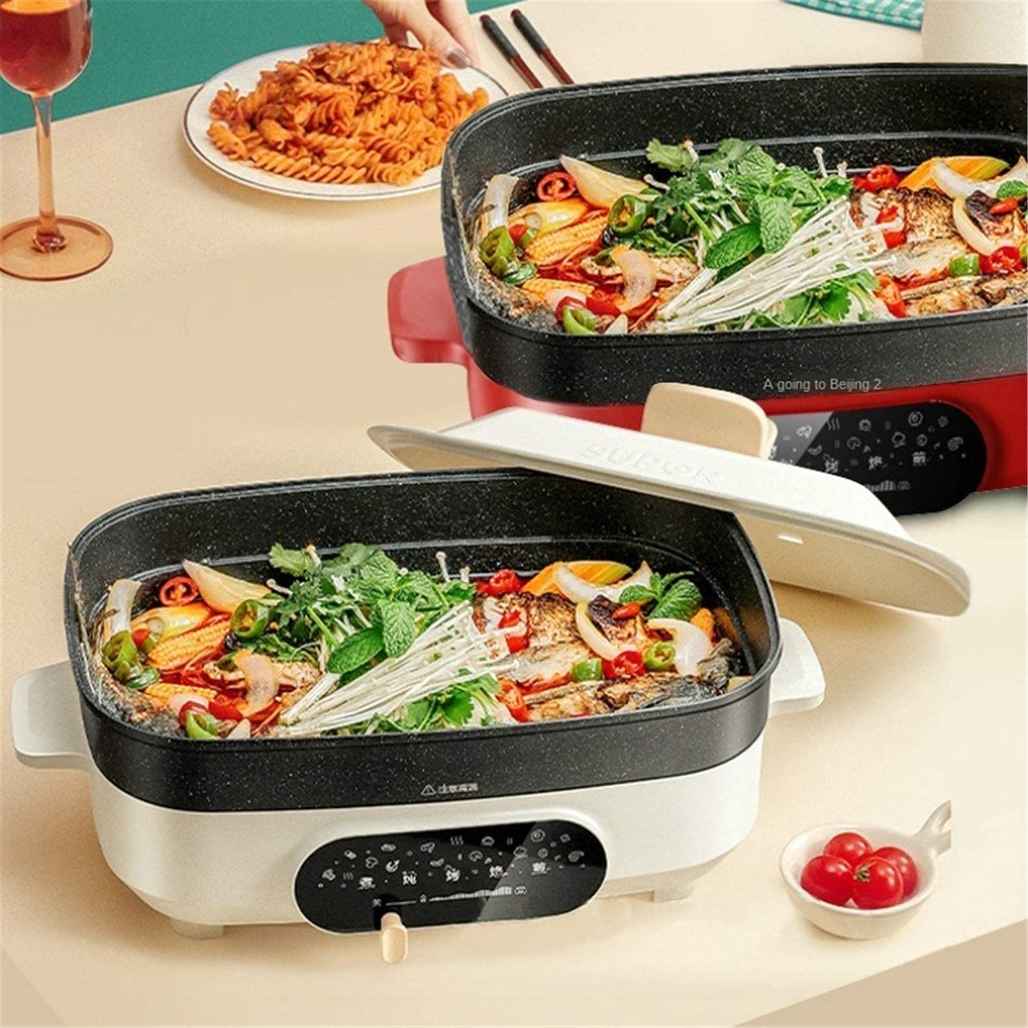 Parrilla Eléctrica Plancha de Asar Sartén eléctrica para Hornear Barbacoa Interior Parrilla eléctrica para ollas Calientes Adecuado para reuniones Familiares 1016(Color:B)
