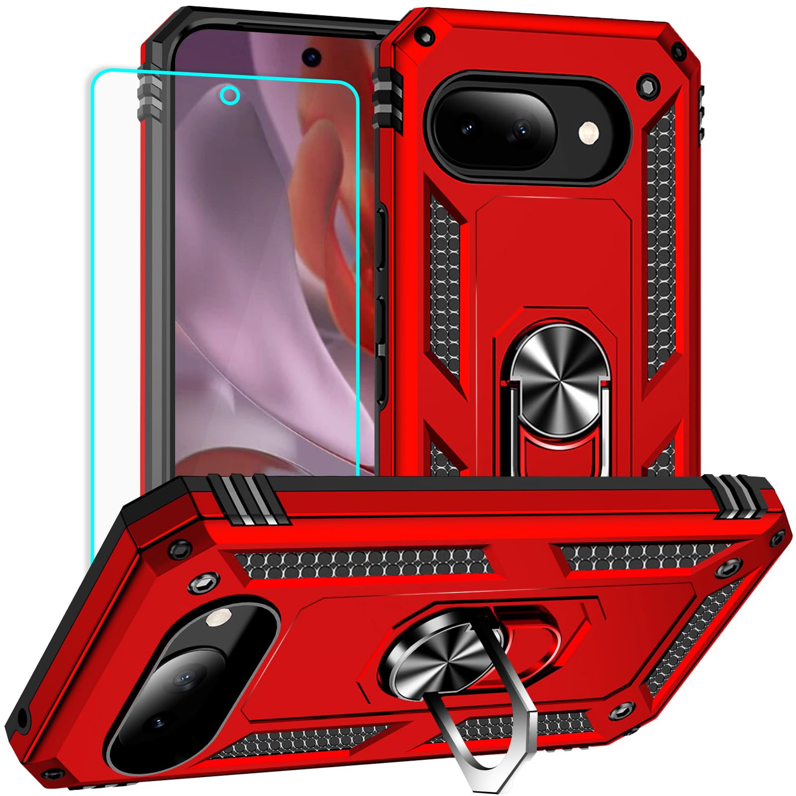 Yiakeng for Google Pixel 9A Case: with Screen Protector - Military Grade Protective Cases with Finger Ring Holder Kickstan...