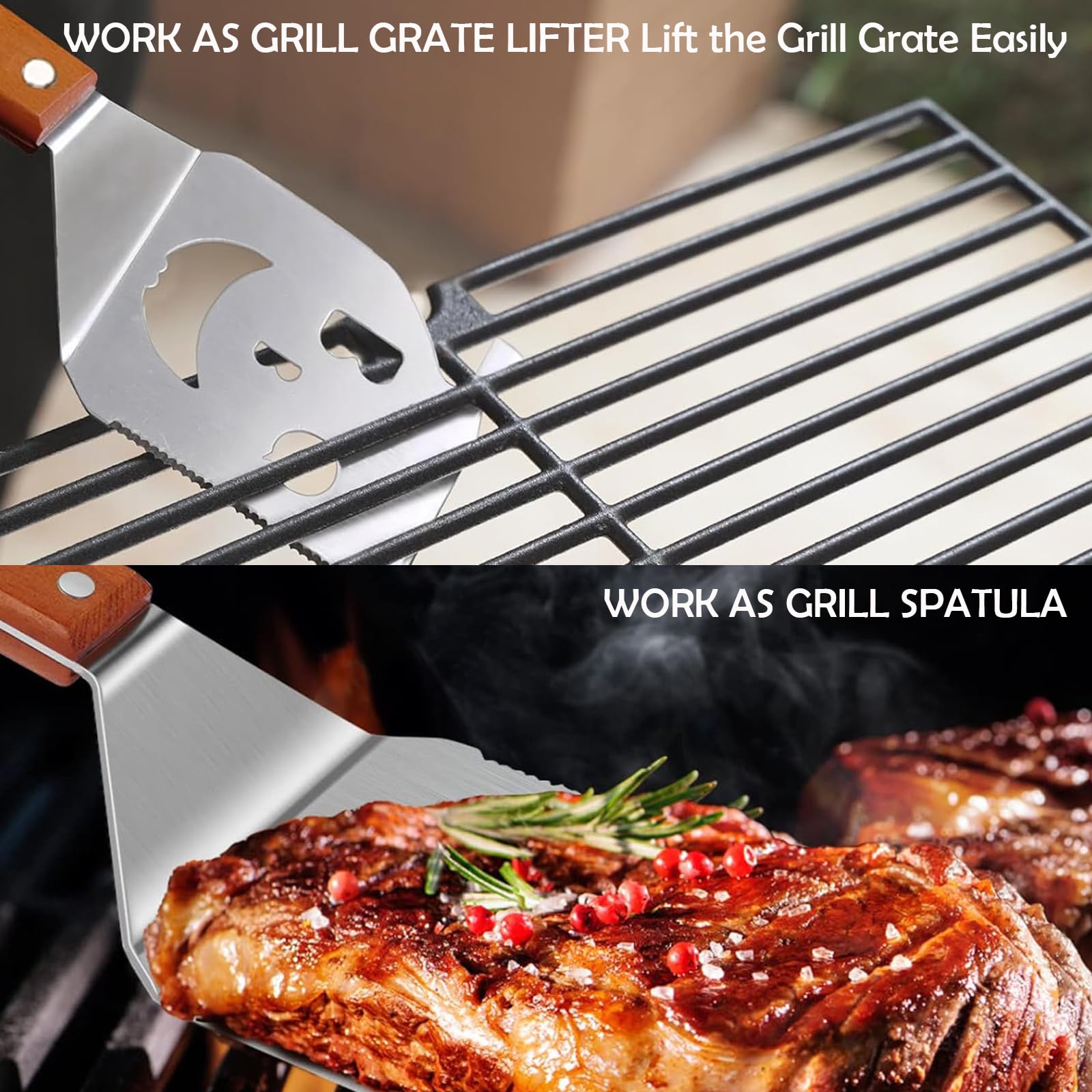 Spatola per barbecue 7 in 1 per barbecue con paletta da barbecue con design a fiamma, 42 cm, in acciaio inox, manico in legno, spatola multifunzione con apribottiglie