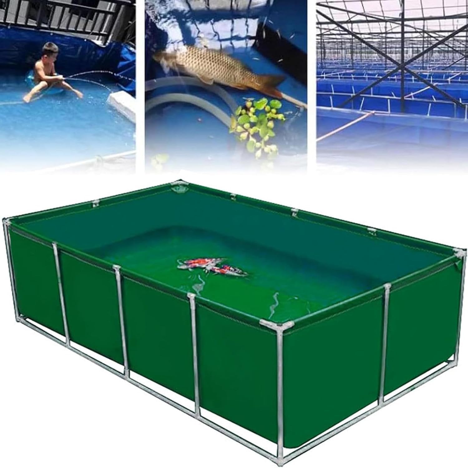 Large Canvas Fish Pond with Drain Valve, 150x100x60cm, Green