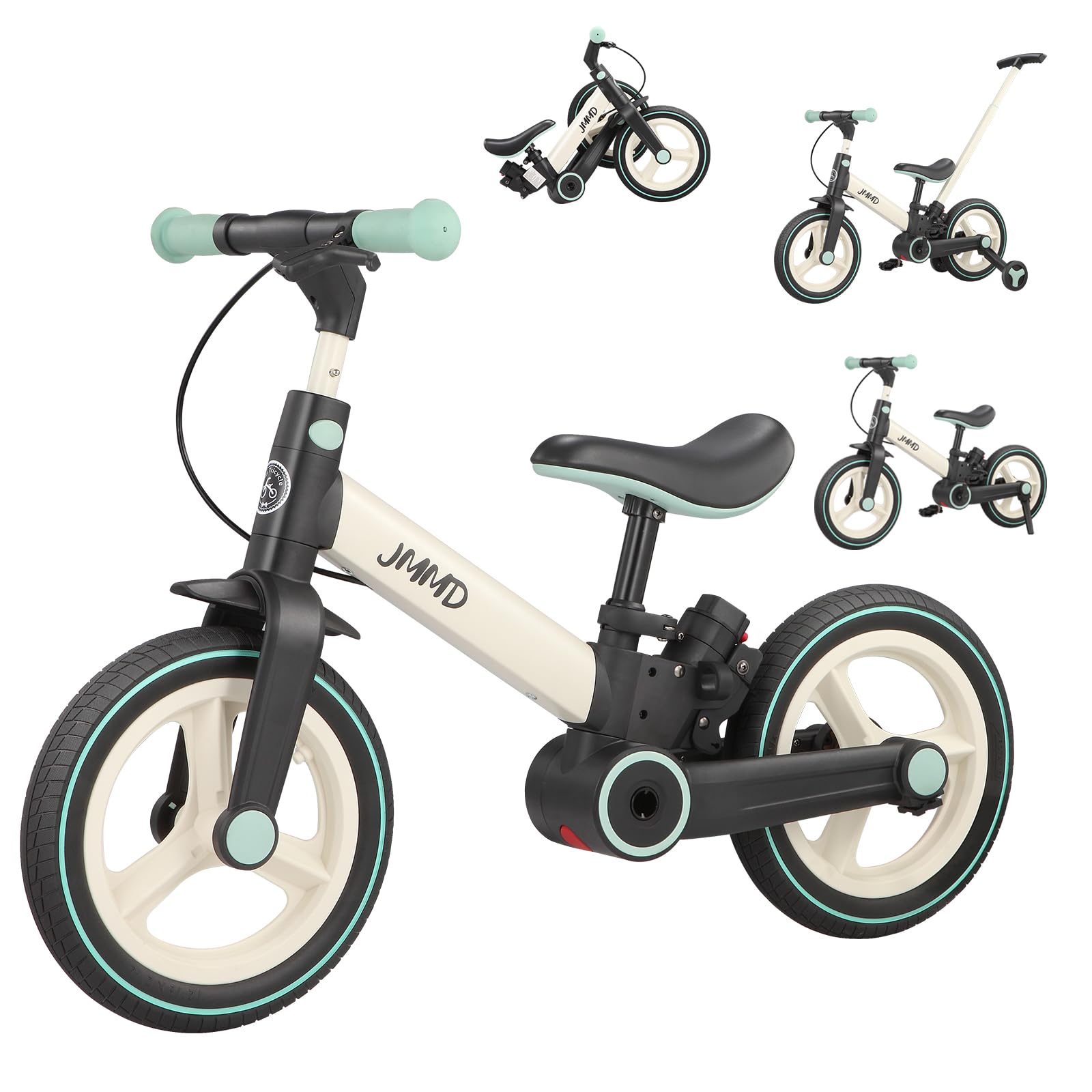 JMMD Balance Bike with Training Wheels and Pedals, Kids Push Bike with Adjustable Push Handle, Fun and Safe Toddler Tricycle for Boys and Girls with Brakes & Kickstand, Age18 Months-5 Years