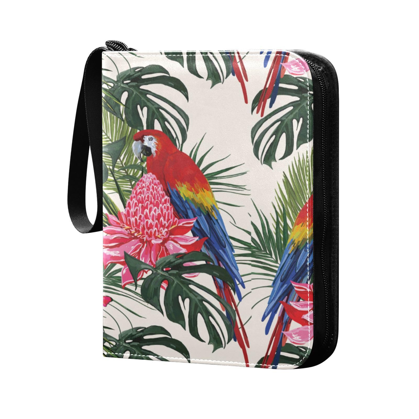 Oyihfvs Green Tropical Palm Leaves, Parrot Bird, Pink Hibiscus, Butterfly PU Leather Card Storage Bag, With Zipper Waterproof 50 Pages 400 Slots Card Bag for Students Home School 15.74 x 9.64 inch