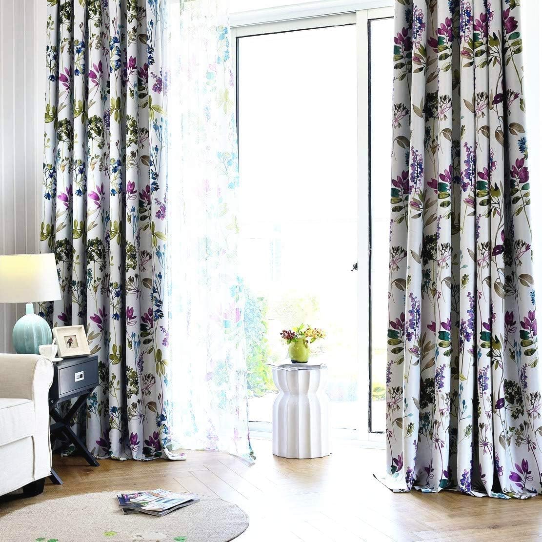 MYRU Set of 2 Floral Curtains, White with Purple Blue Garden Pattern, Grommet Top Room Darkening Window Drapes, 54x106 Inch