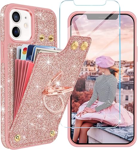 Fingic Funda para iPhone 14, iPhone 13 con soporte de anillo de 360, con 1 protector de pantalla, 5 tarjeteros, con purpurina brillante y bloqueo