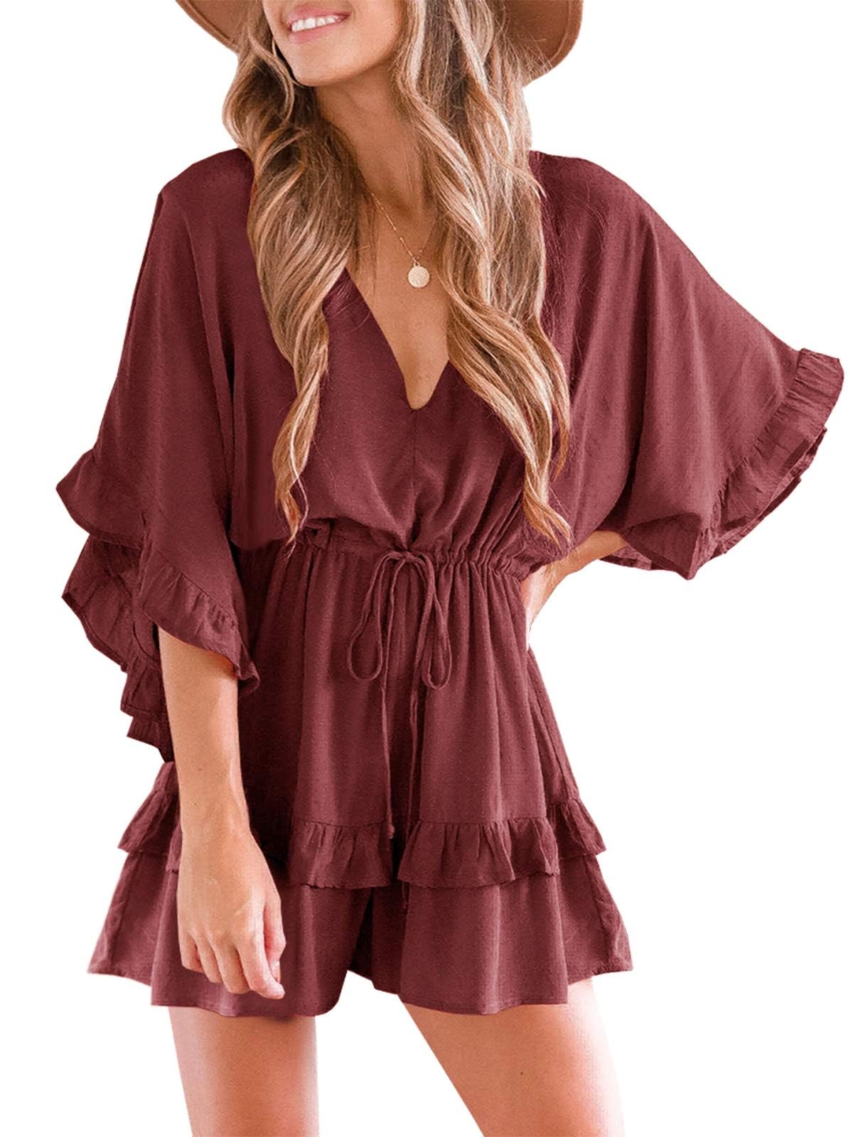 Imily Bela Combinaison pour femme, col en V, manches chauve-souris, avec cordon de serrage, robe d'été ample