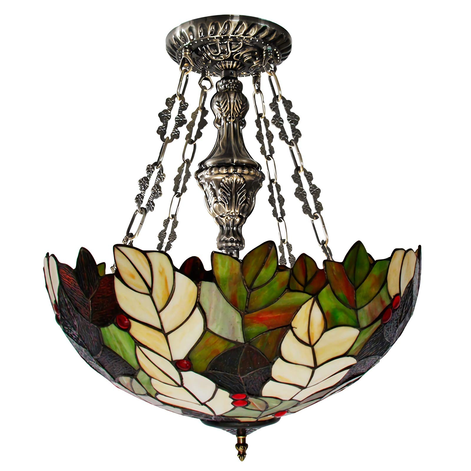 Plafonnier Tiffany en verre teinté fait main et suspension vintage de prestige 40cm