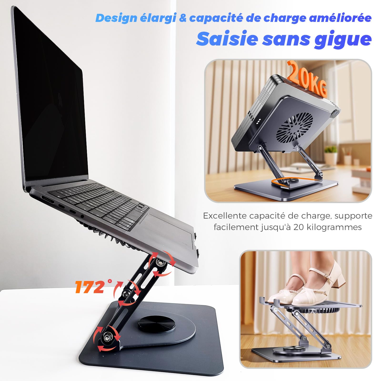 Support pour ordinateur portable en aluminium, rotatif à 360°, pliable, avec ventilateur magnétique pour le refroidissement, compatible avec MacBook et appareils de 10 à 17,3 pouces (gris