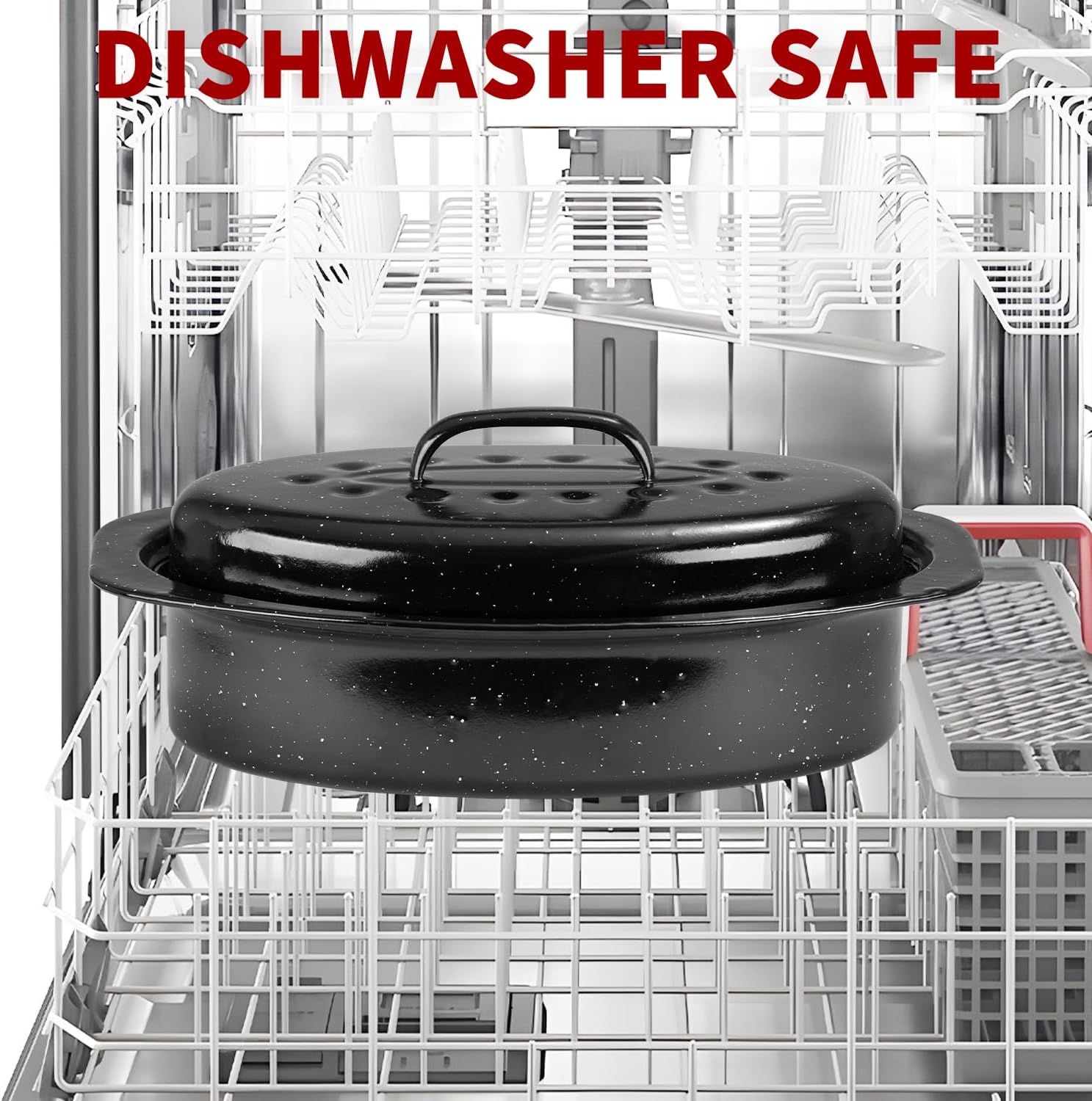 DIMESHY 13Inch Roasting Pan, Enamel on Steel, Black Covered Oval Roaster Pan with Lid, Small Cookware for Turkey, Small Chicken, Roast Baking Pan.