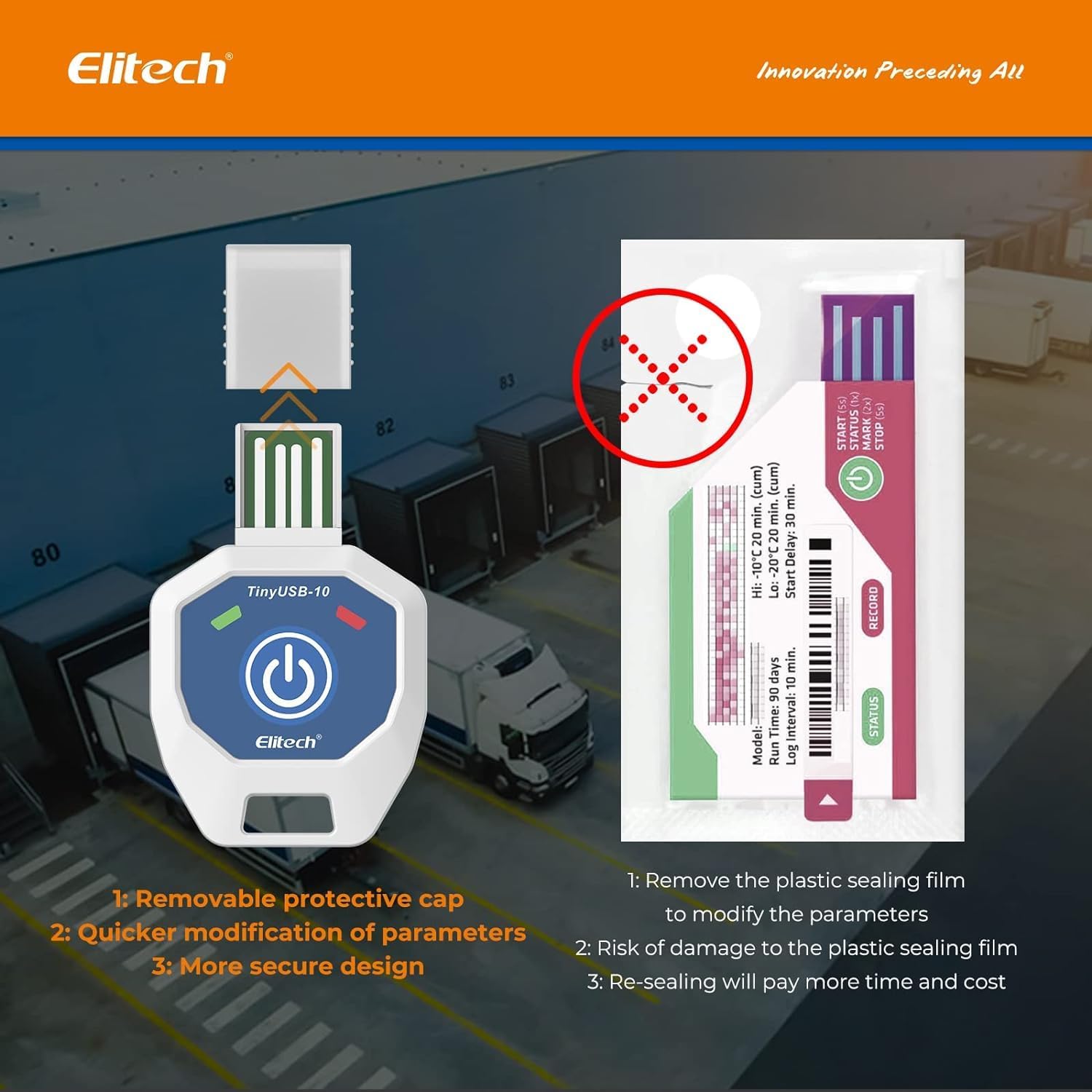 Elitech 10 Pack Temperature Data Logger Single Use 90 Days in-Transit Trip Disposable Temperature Recorder PDF Report Tiny but Elite TinyUSB -10～40℃