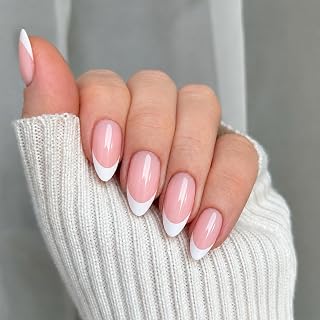 Short Almond Press on Nails, Pink White French, 30Pcs | Short almond soft gel press ons with pink base and white French tip; 30 pcs in 15 sizes for classic DIY looks.