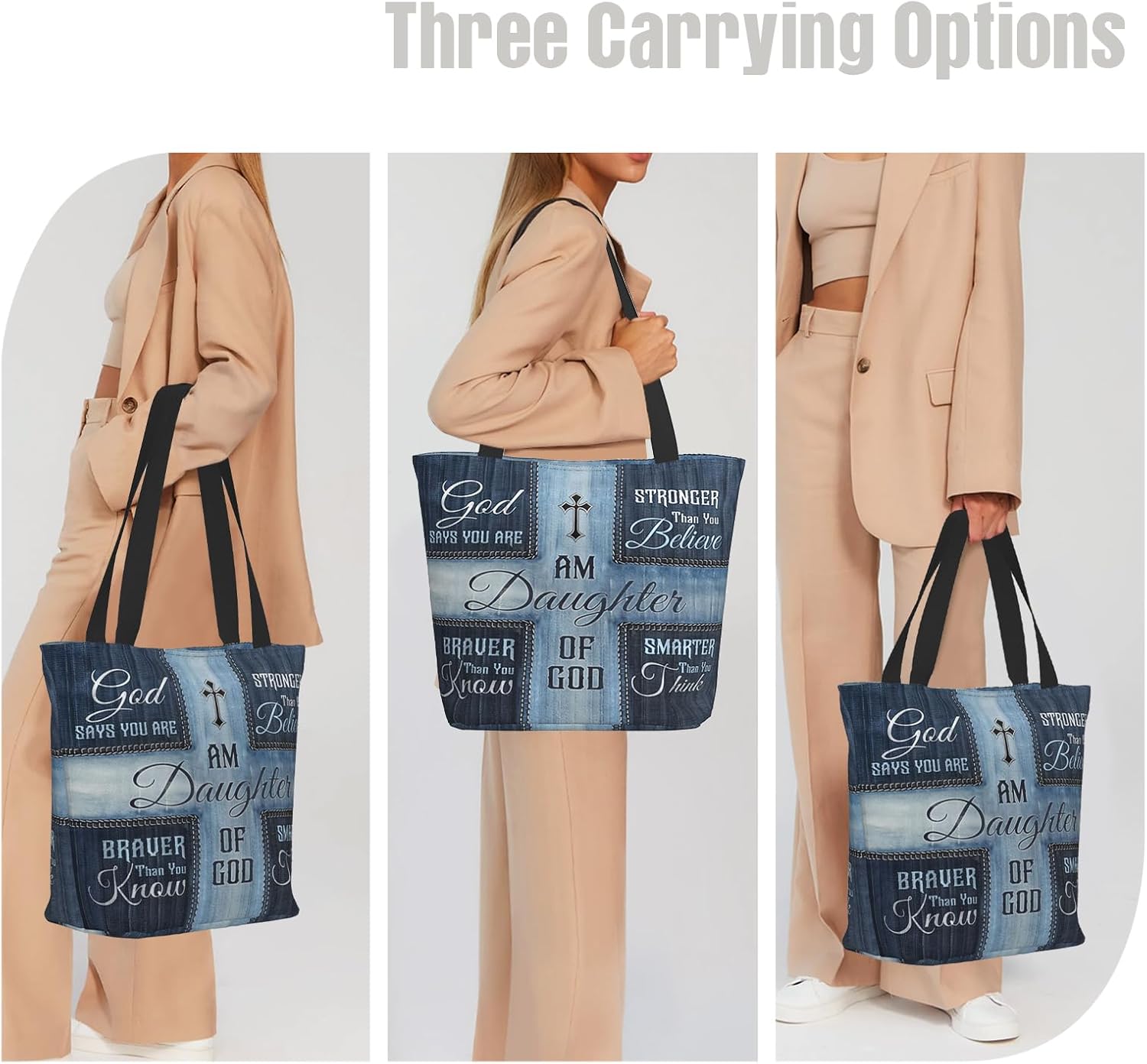 Christian Gifts Reusable Shopping Tote Bag Zippered Inspirational Tote Bags for Women Bible Verse Shoulder Bag - Image 2