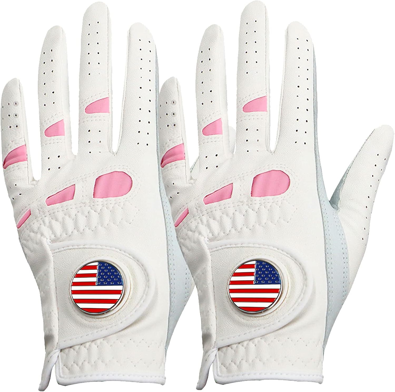Amy Sport Women's Golf Gloves Left Hand Right with Ball Marker Value 2 Pack, All Weather Grip Rain Soft Leather Pink Size Small Medium Large XL