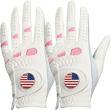 Amy Sport Womens Golf Gloves Left Hand Right with Ball Marker Value 2 Pack, All Weather Grip Rain Soft Leather Pink Size Small Medium Large XL