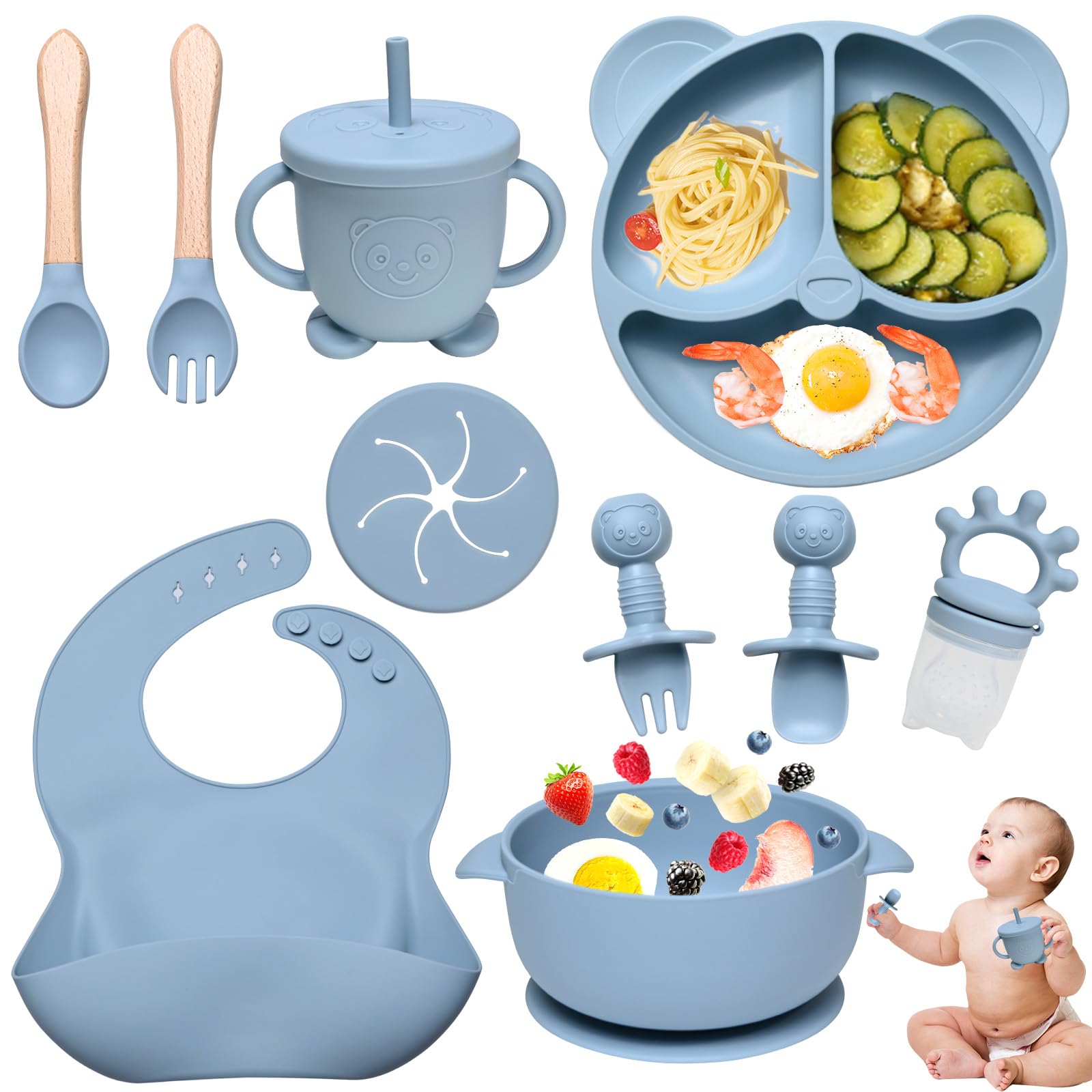 Dazhtu 10 Stücke Silikon Baby Geschirrset, Kindergeschirr Baby-Teller Rutschfest mit Saugnapf, Baby-Teller mit Saugnapf, Schüssel, Lätzchen,Löffel,Gabel,Baby-Trinkbecher,Fruchtsauger Set, Blau
