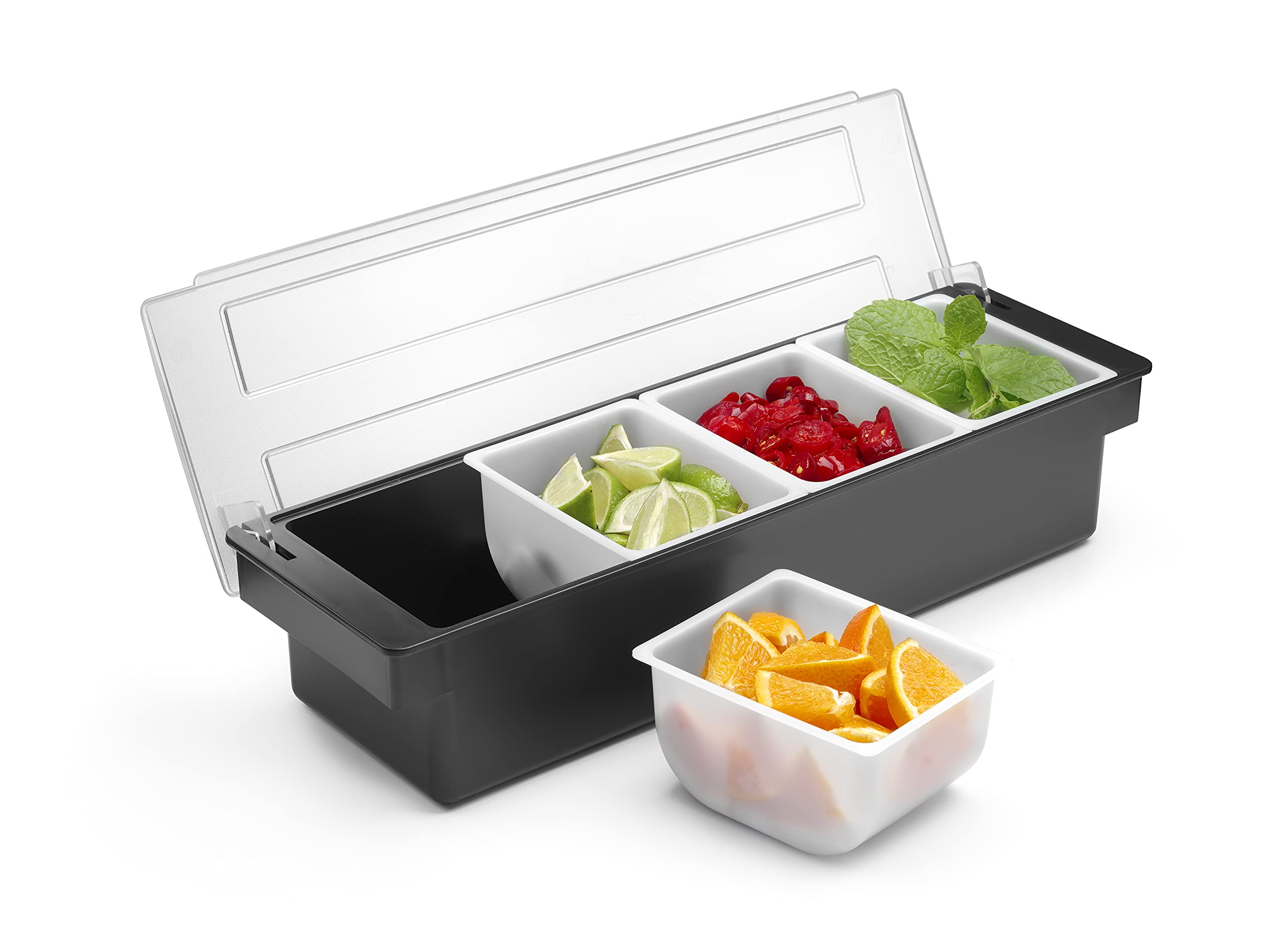 HENDI Portacondimentos de Bar, Bandeja de Guarniciones para Cócteles BarUp, Caja Organizadora con Tapa Transparente, 4 Contenedores de Polipropileno, 480x150x(H) 100mm, HIPS, Negro