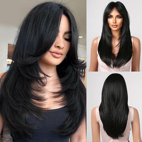 Allbell Long Black Wig with Bangs Straight Layered Wig for Women Natural Looking Heat Resistant Synthetic Hair Repalcement for Daily Cosplay Use