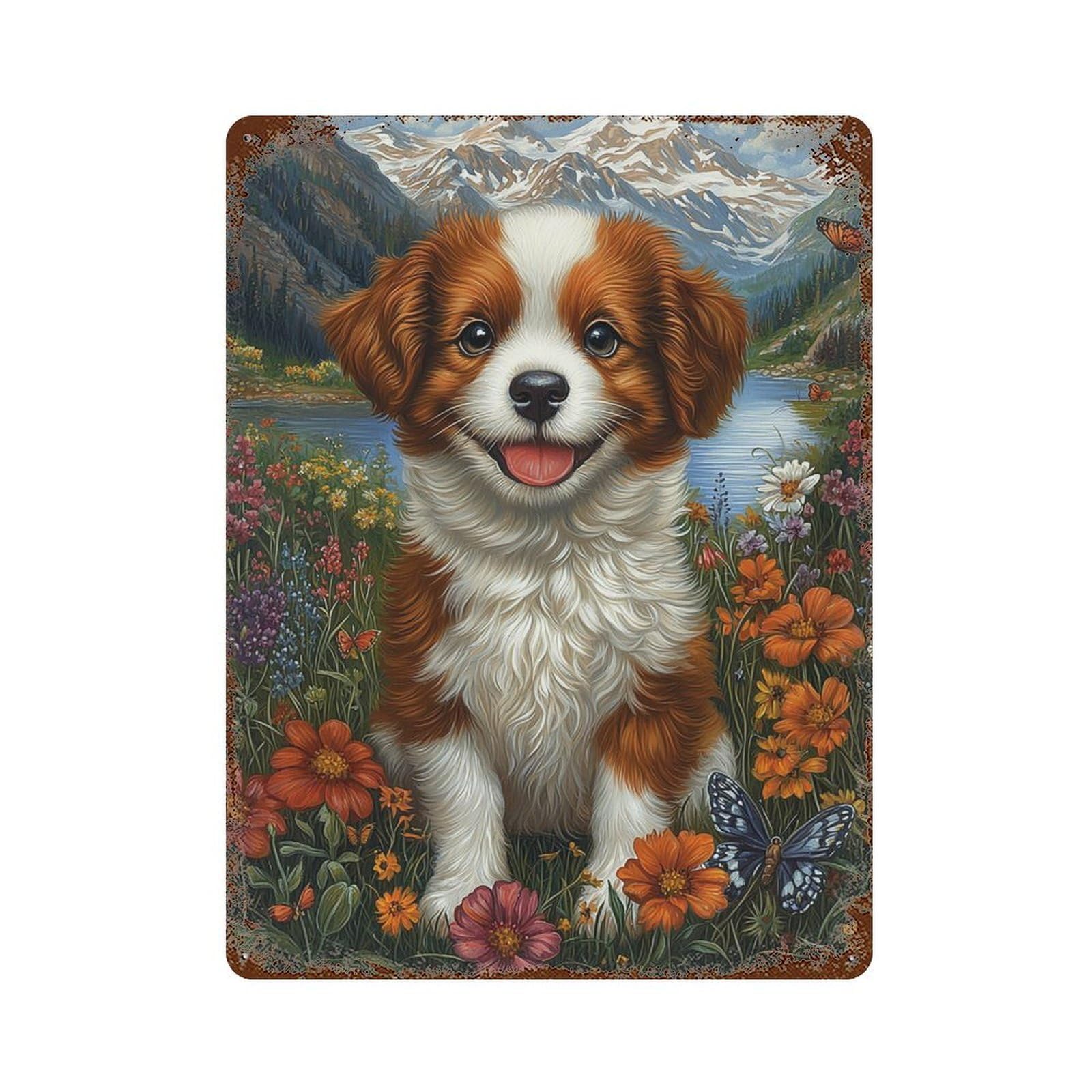 Rust Effect Nature's Cute Pup in Bloom Vintage Rust Metal Sign 15.7"x11.8", Vintage Wall Decor for Garage, Bar And Workshop Decor