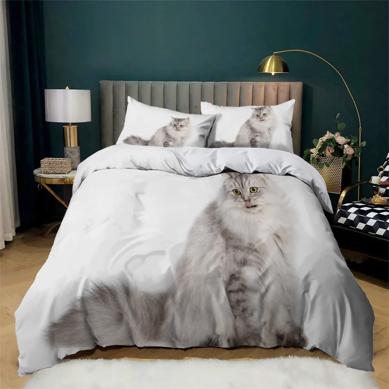 MAQUE Poszwa na kołdrę w rozmiarze King Size biały kot perski zestawy pościeli king size z zapięciem na zamek błyskawiczny miękka mikrofibra poszewka na kołdrę 230 x 200 cm i 2 poszewki na poduszki 50 x 75 cm